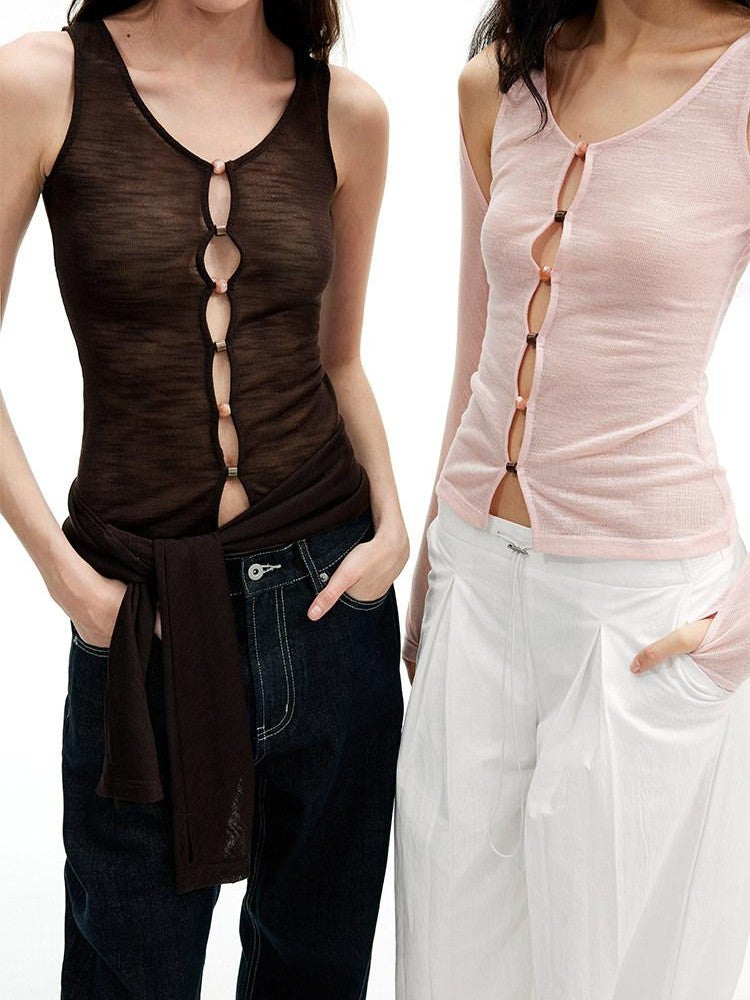 AFTADAWN Brown Pink Openwork Beaded Placket Women&