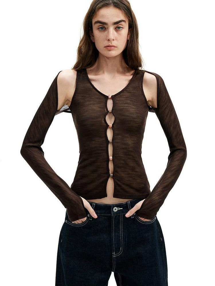 AFTADAWN Brown Pink Openwork Beaded Placket Women&