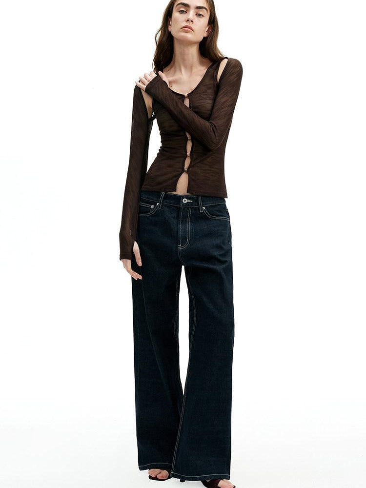 AFTADAWN Brown Pink Openwork Beaded Placket Women&