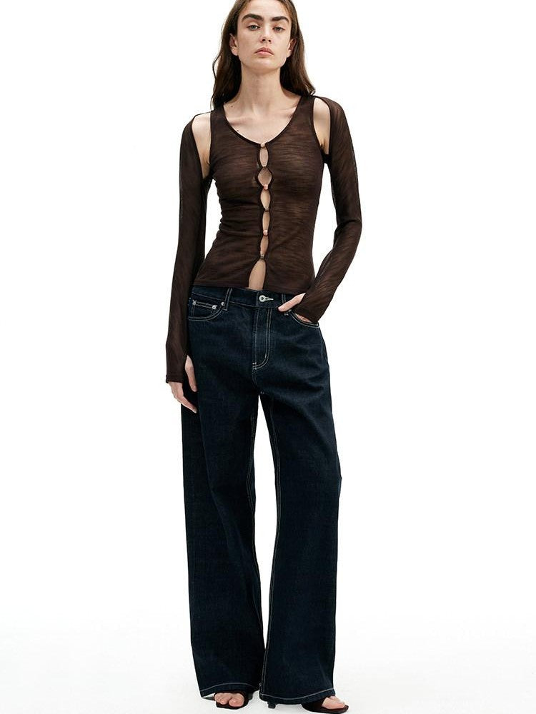 AFTADAWN Brown Pink Openwork Beaded Placket Women&
