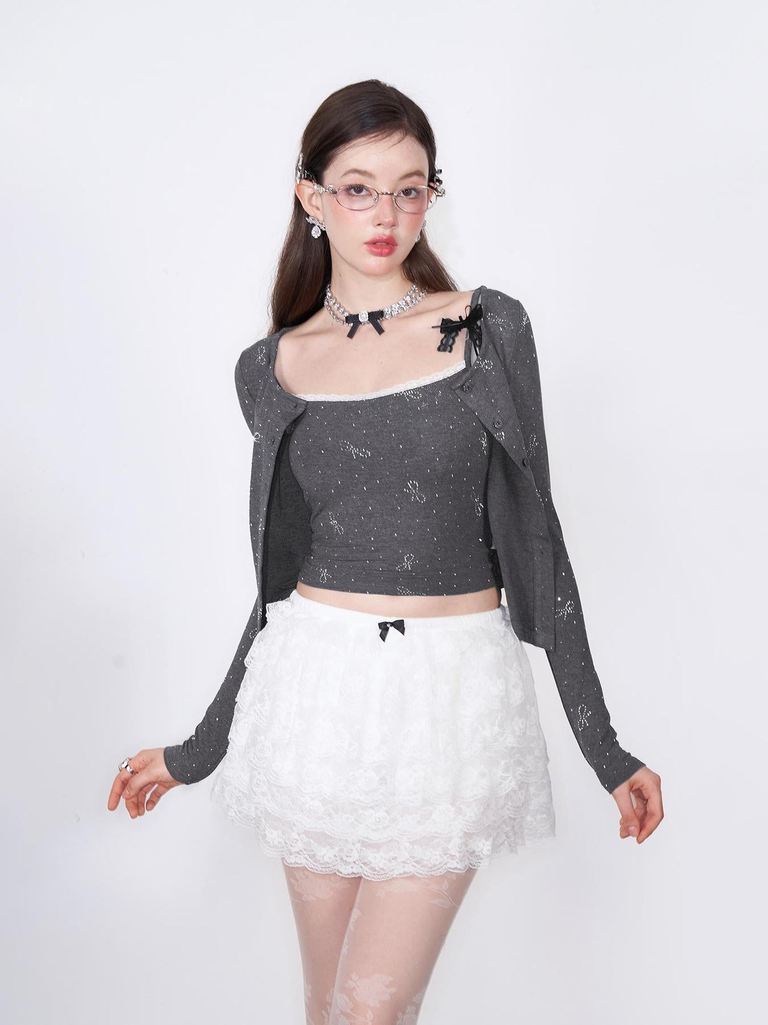AFTADAWN Butterfly Bow Rhinestone Knit Top Cardigan Set