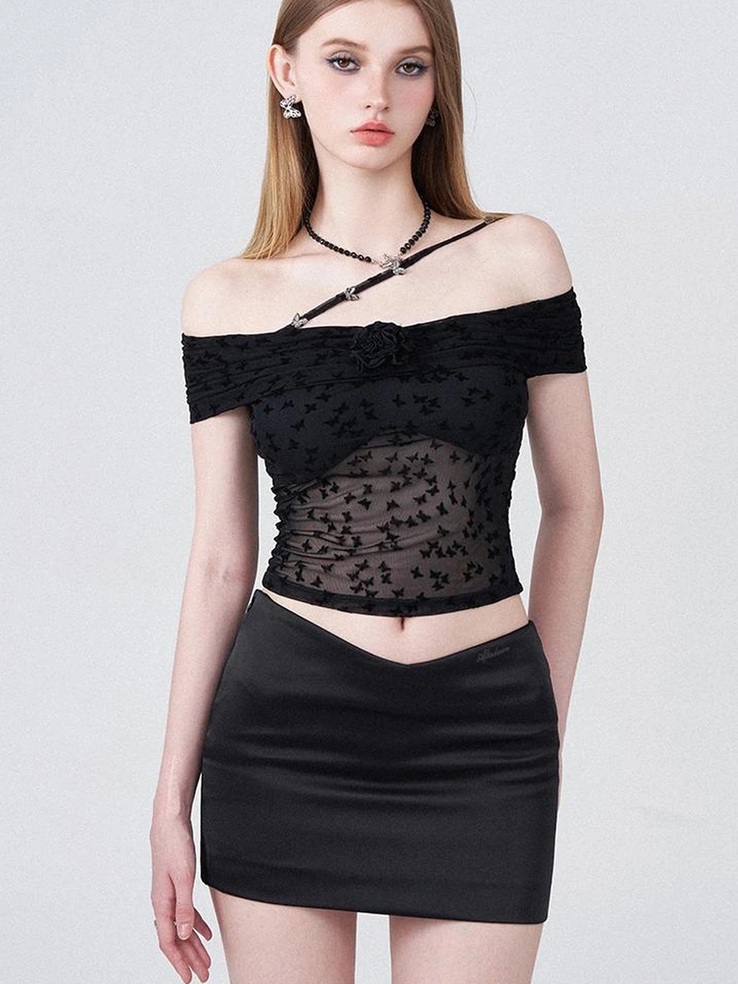 Butterfly Embroidered Mesh One Shoulder Crop Top