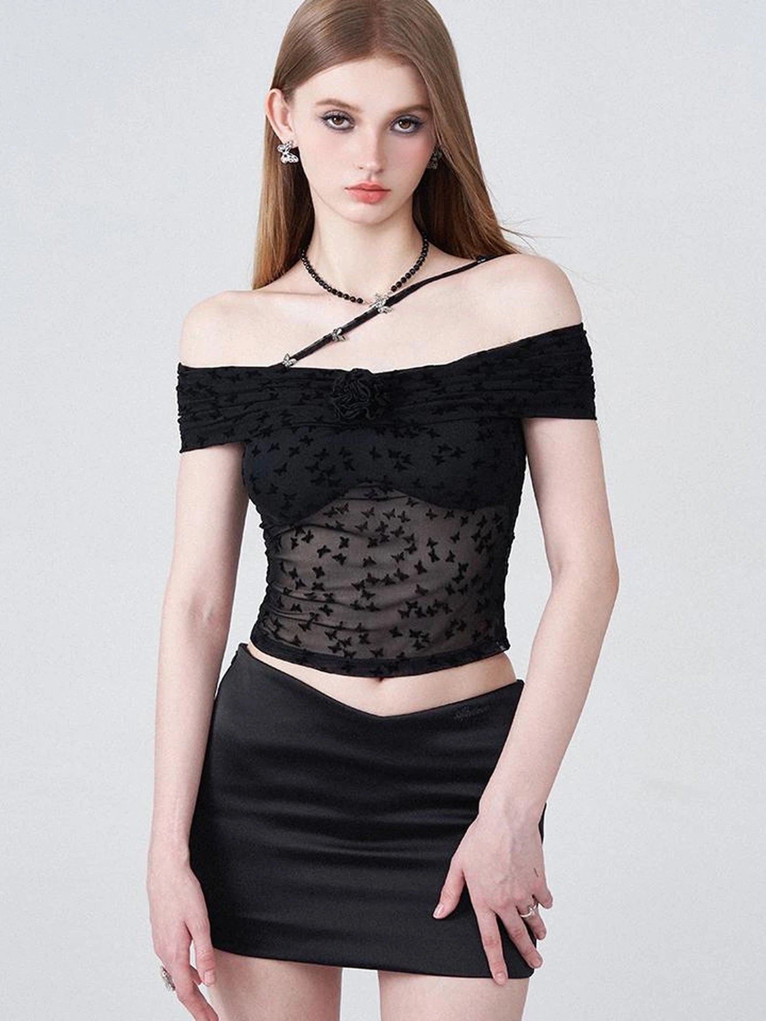 Butterfly Embroidered Mesh One Shoulder Crop Top