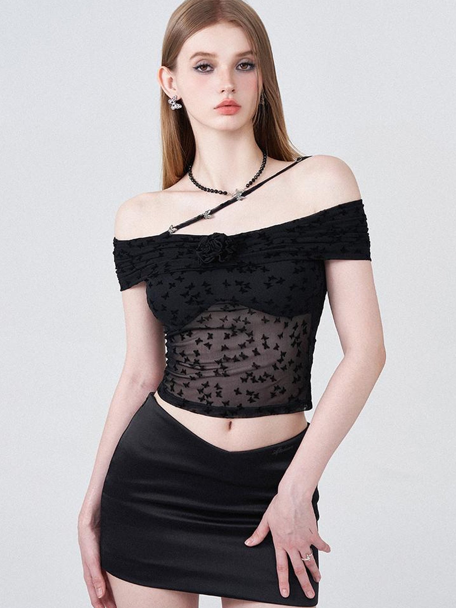 AFTADAWN Butterfly Embroidered Mesh One Shoulder Crop Top