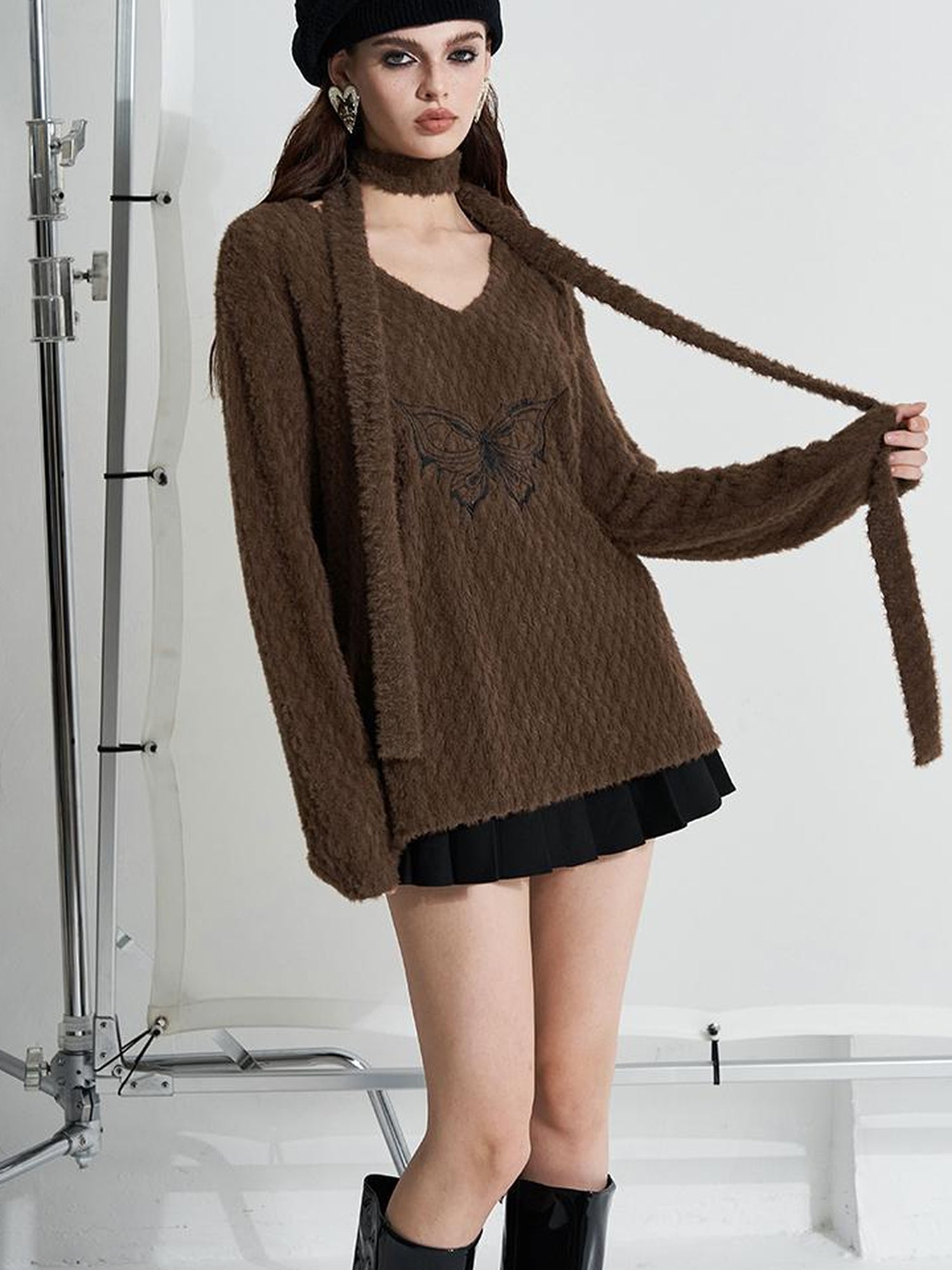 AFTADAWN Butterfly Embroidered V-Neck Sweater