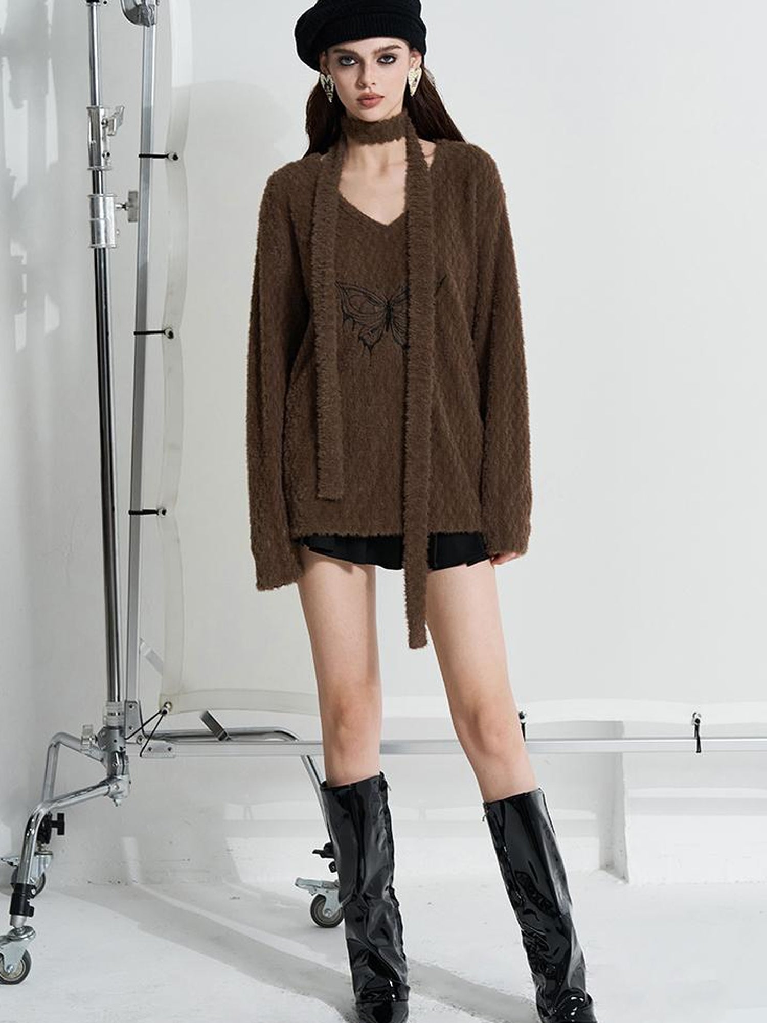 AFTADAWN Butterfly Embroidered V-Neck Sweater