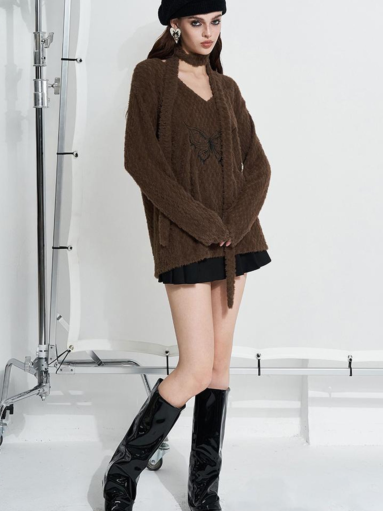 AFTADAWN Butterfly Embroidered V-Neck Sweater