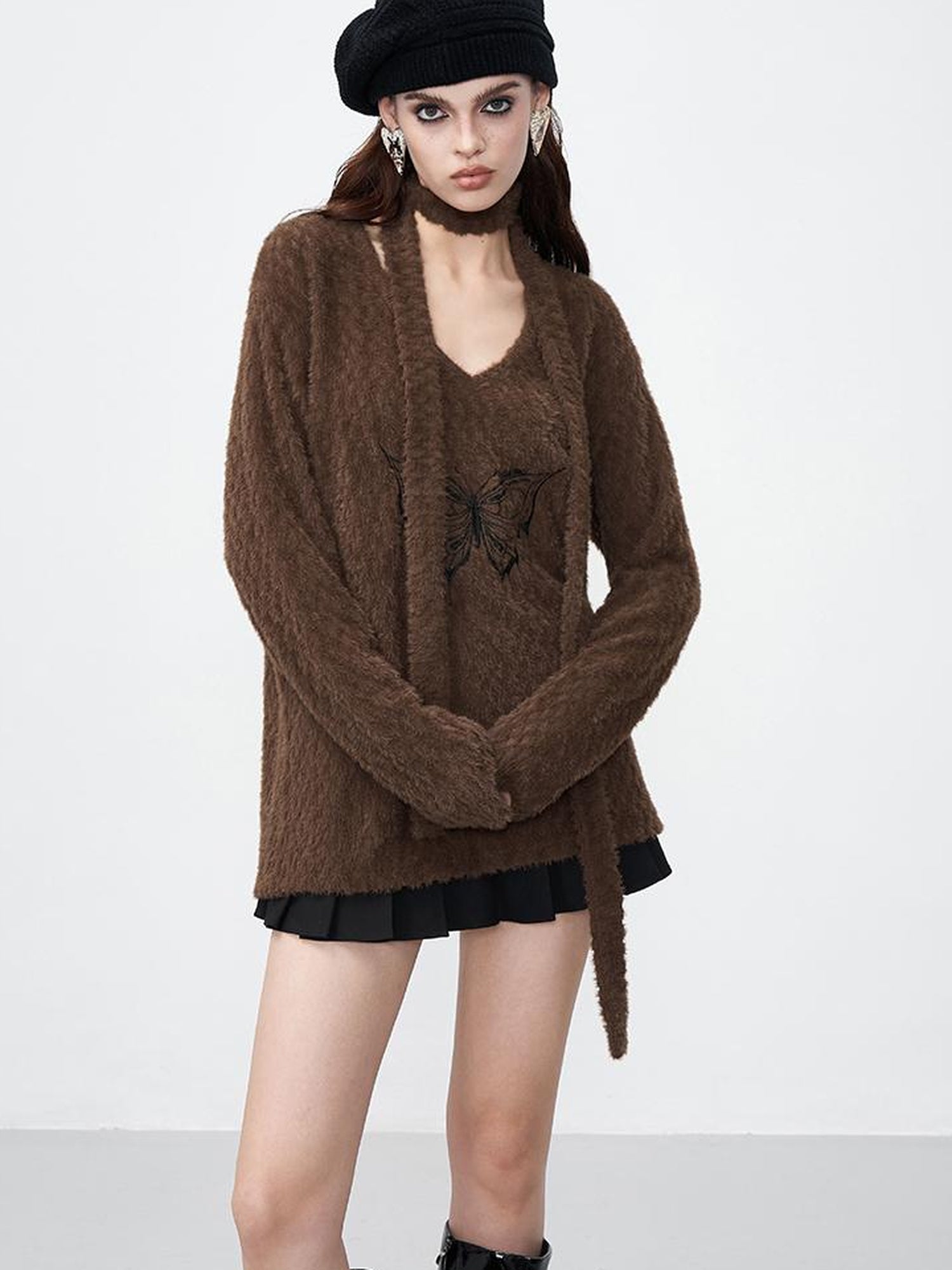 AFTADAWN Butterfly Embroidered V-Neck Sweater