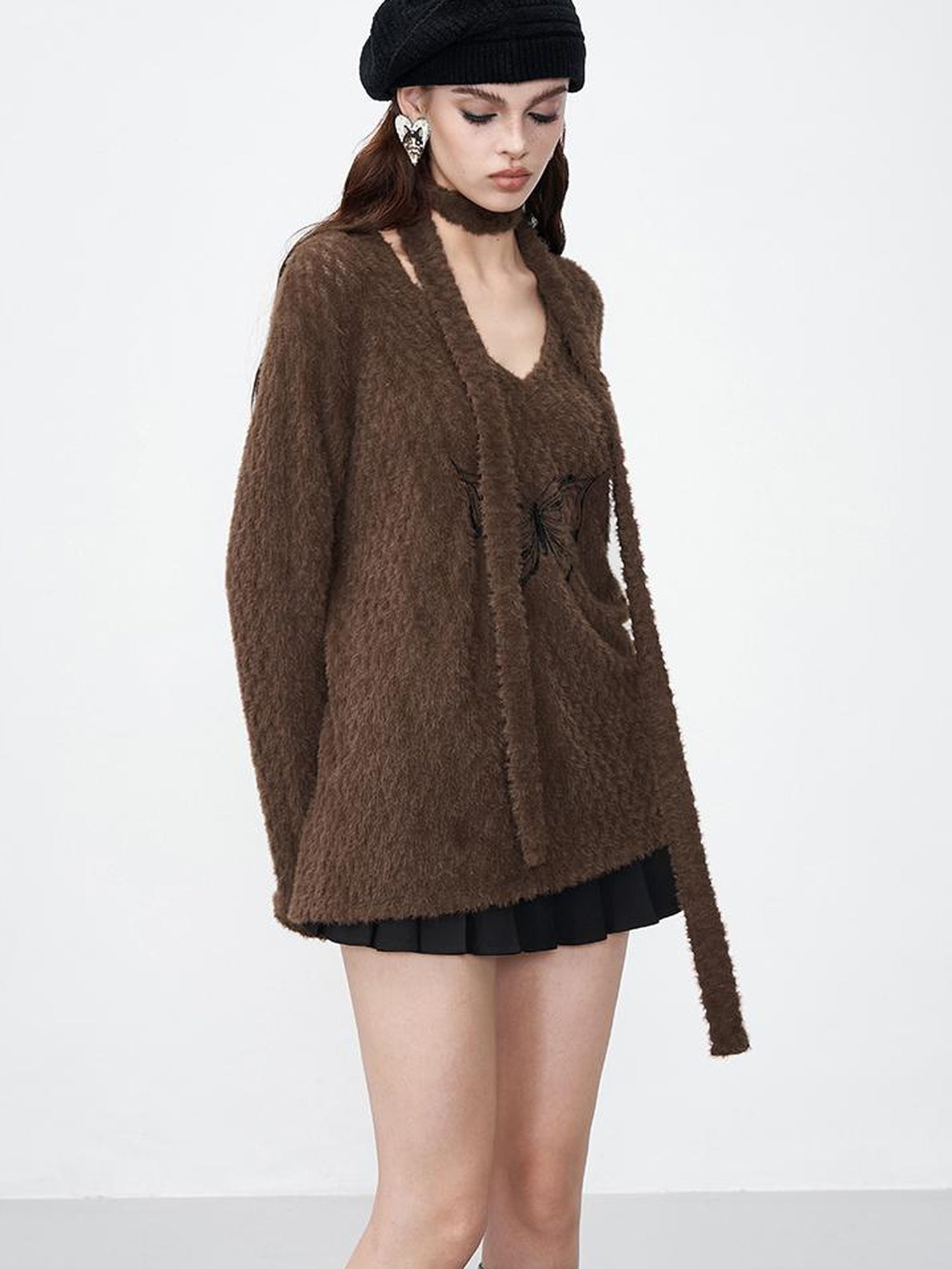 AFTADAWN Butterfly Embroidered V-Neck Sweater