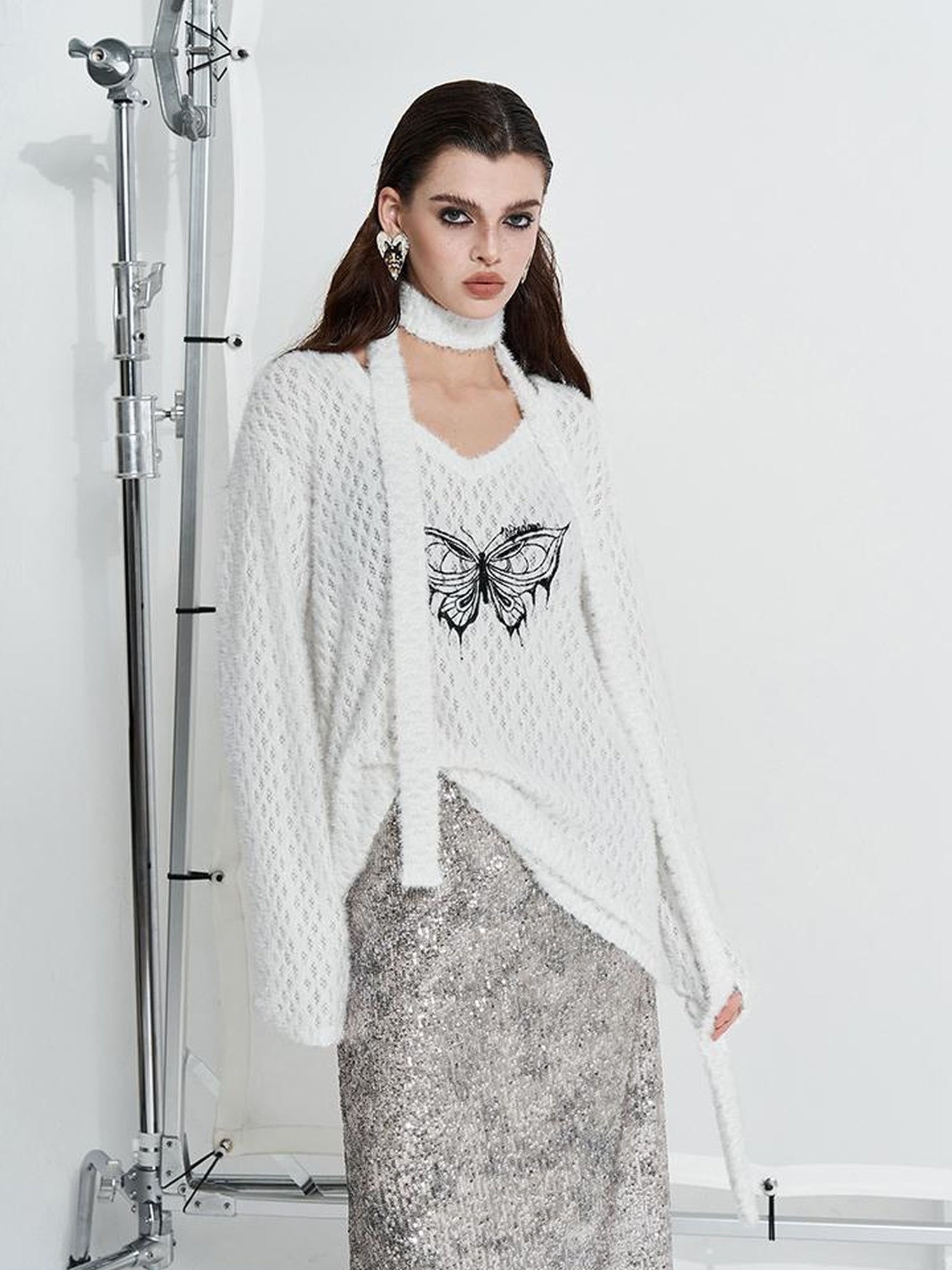 AFTADAWN Butterfly Embroidered V-Neck Sweater