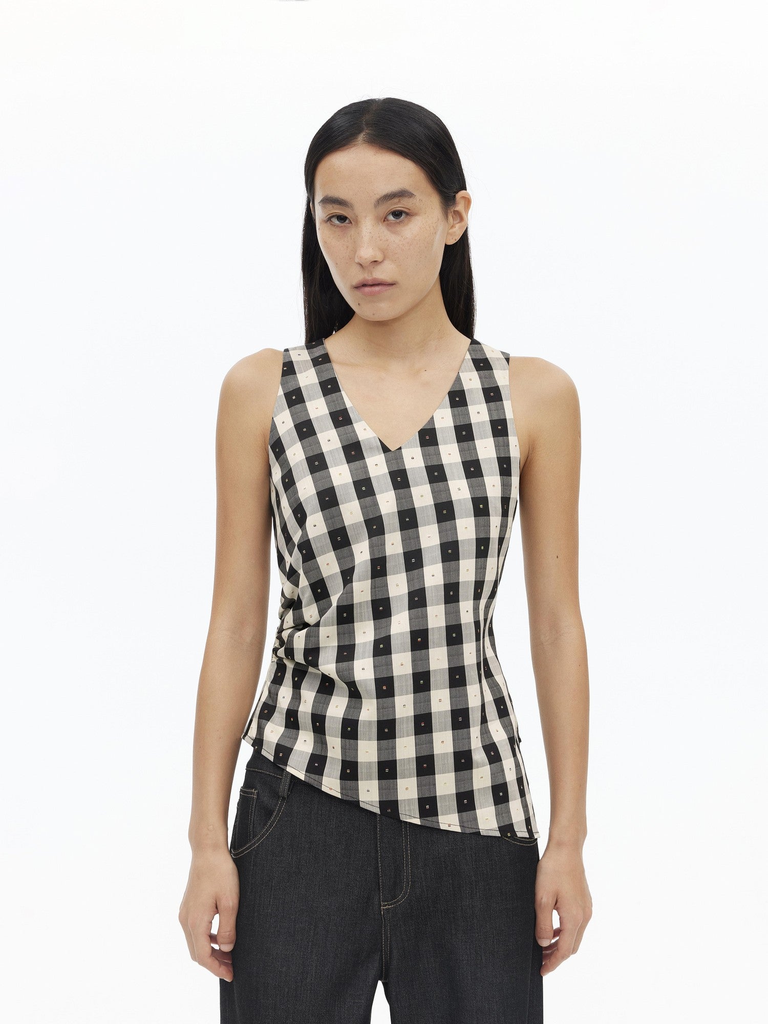 AFTADAWN Checkered 3d Embroidered V-neck Pleated Asymmetric Women&