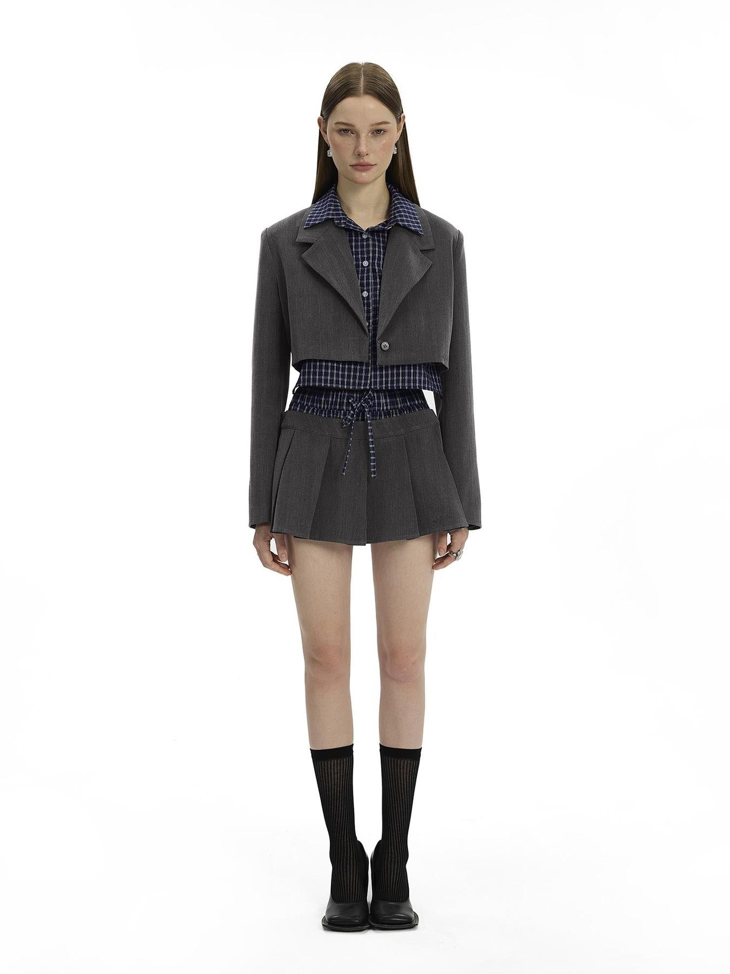 AFTADAWN Checkered Detachable Double Collar Blazer Pleated Skirt Set