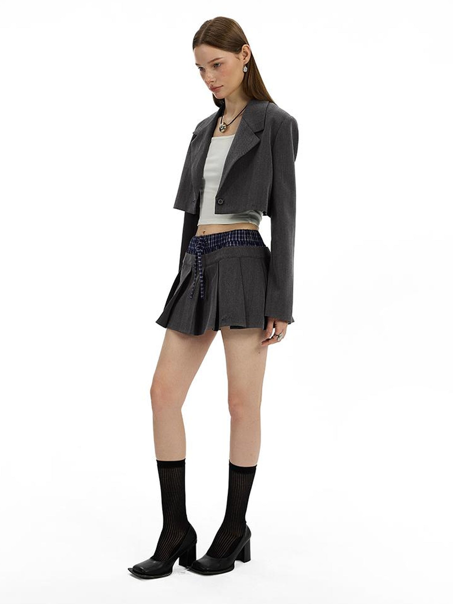 AFTADAWN Checkered Detachable Double Collar Blazer Pleated Skirt Set