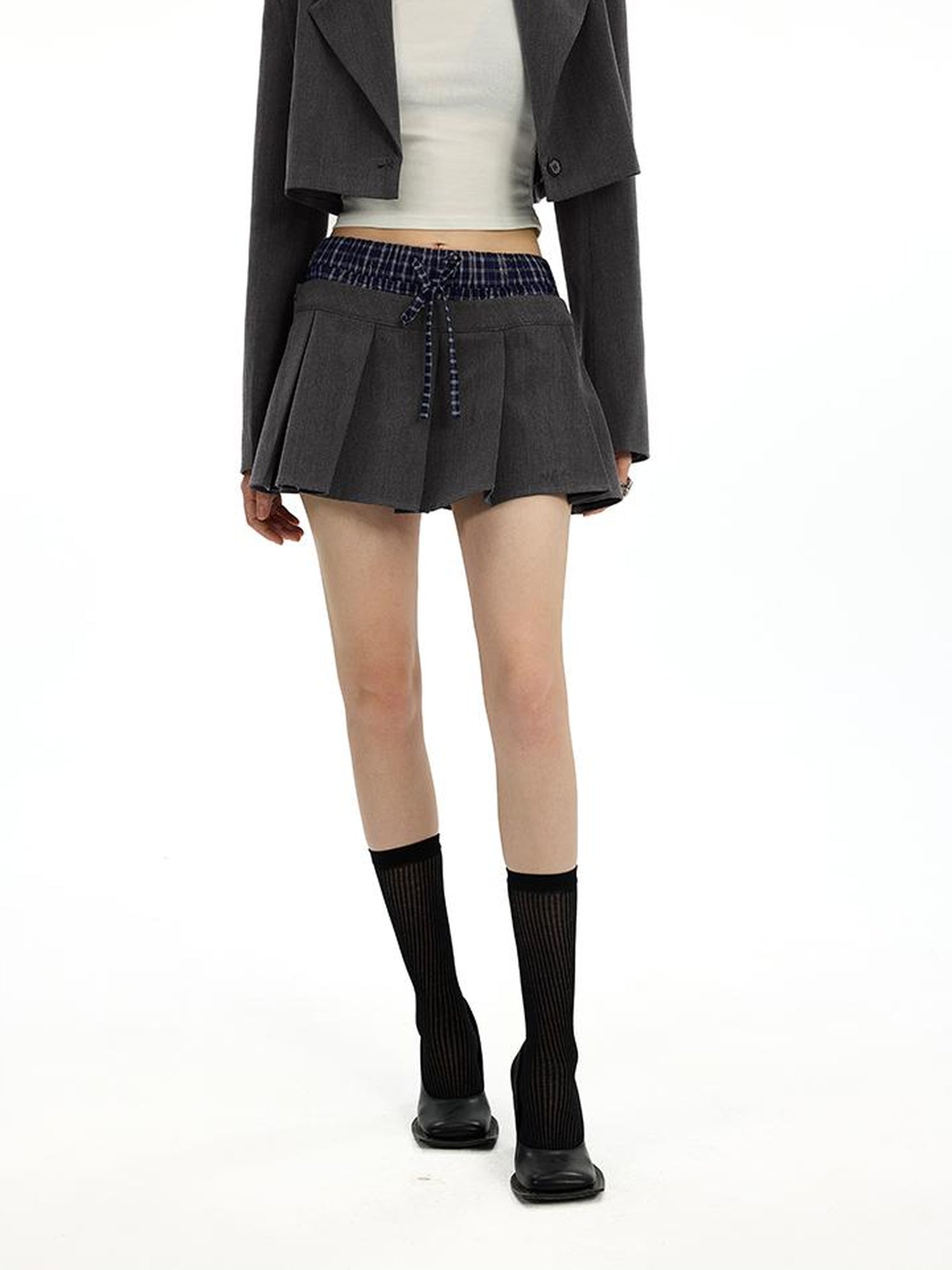AFTADAWN Checkered Detachable Double Collar Blazer Pleated Skirt Set