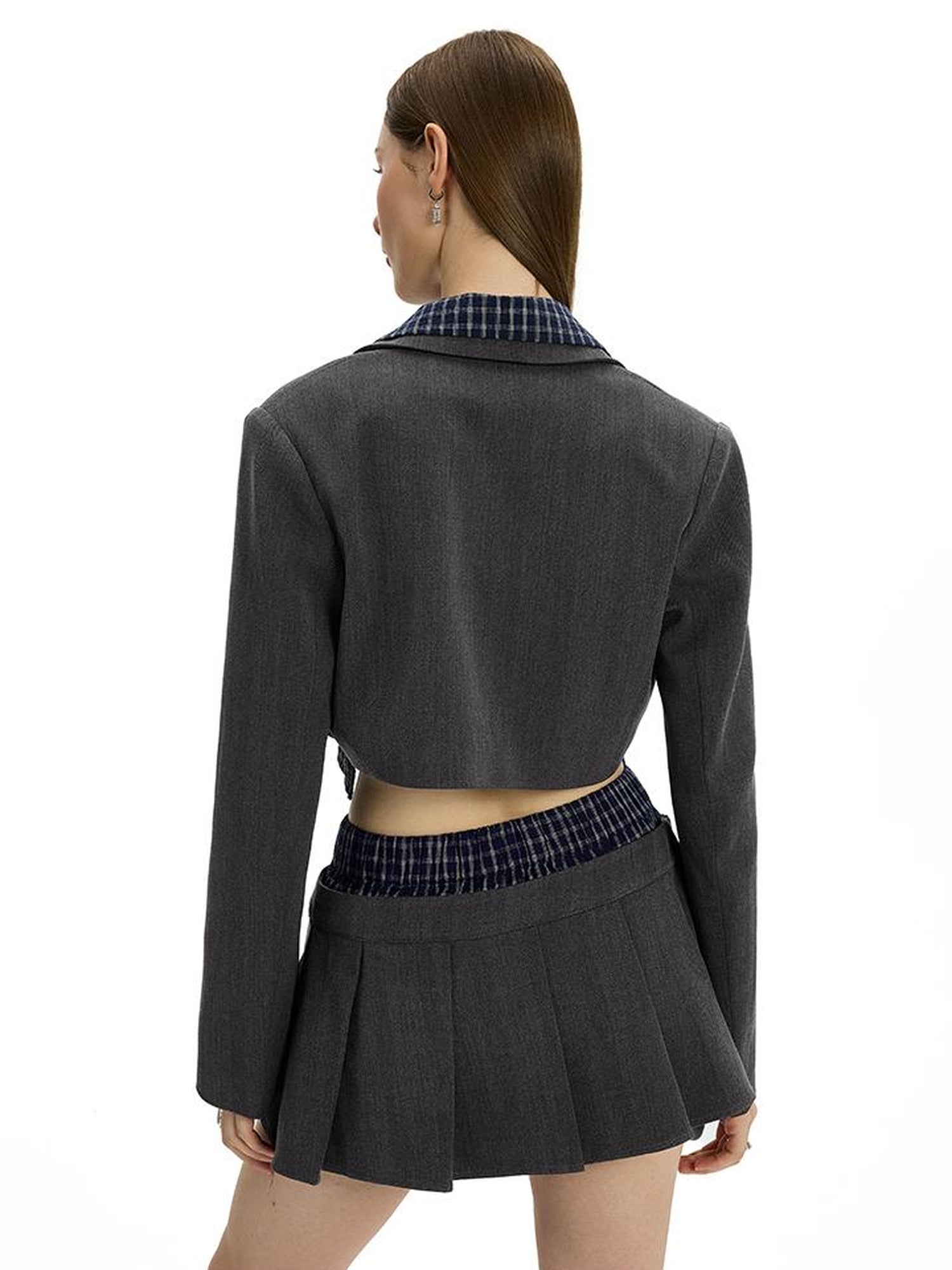 AFTADAWN Checkered Detachable Double Collar Blazer Pleated Skirt Set
