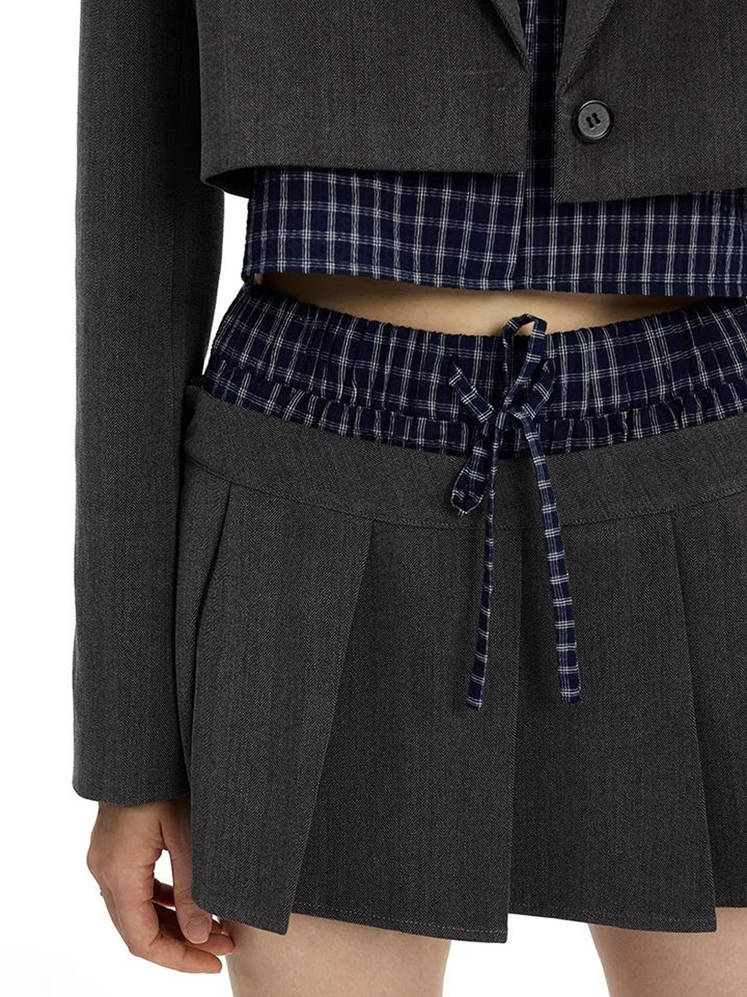 Checkered Detachable Double Collar Blazer Pleated Skirt Set