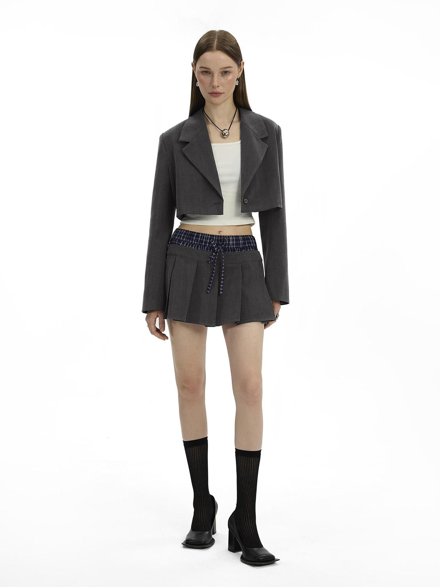 AFTADAWN Checkered Detachable Double Collar Blazer Pleated Skirt Set