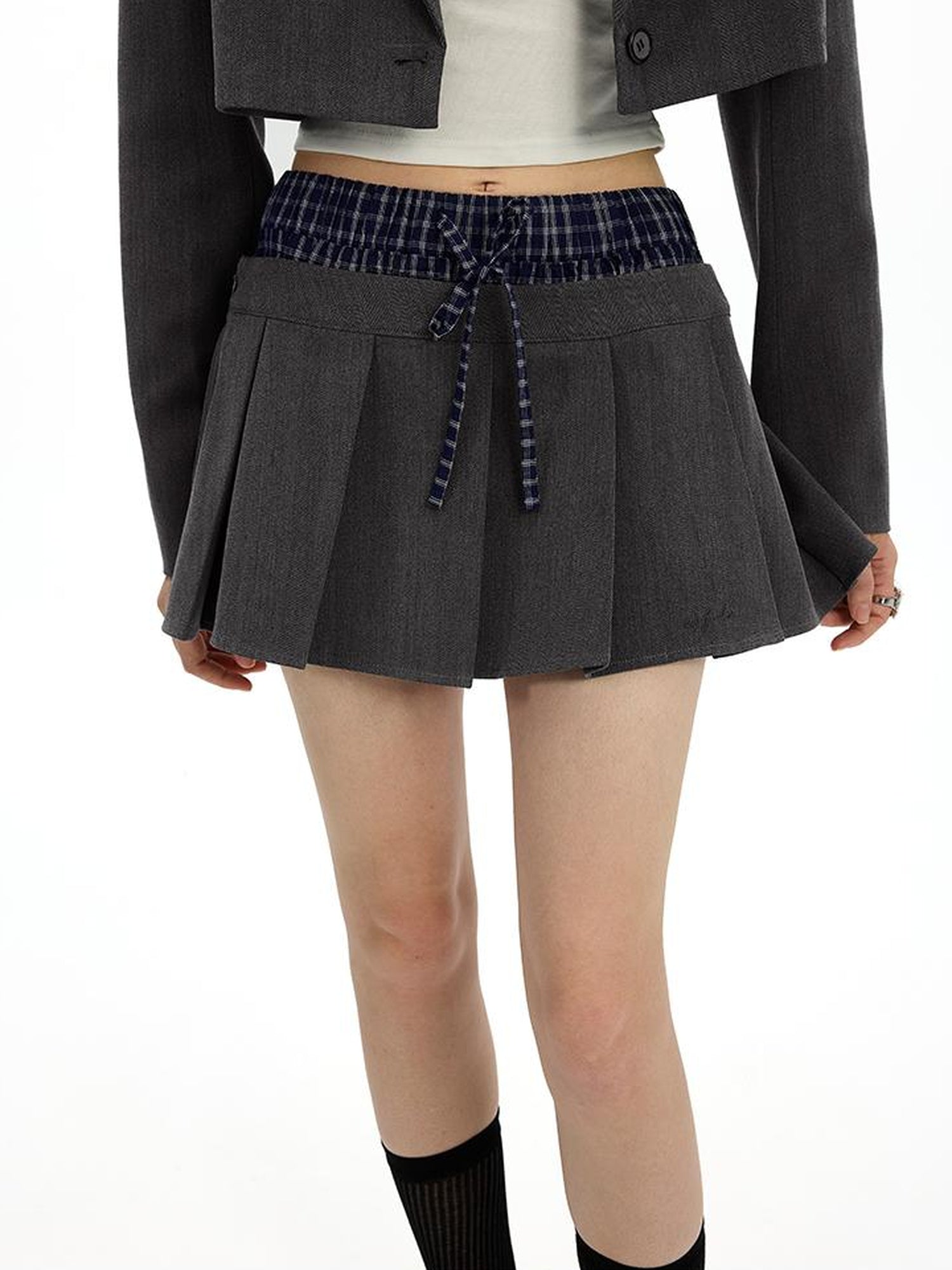 AFTADAWN Checkered Detachable Double Collar Blazer Pleated Skirt Set