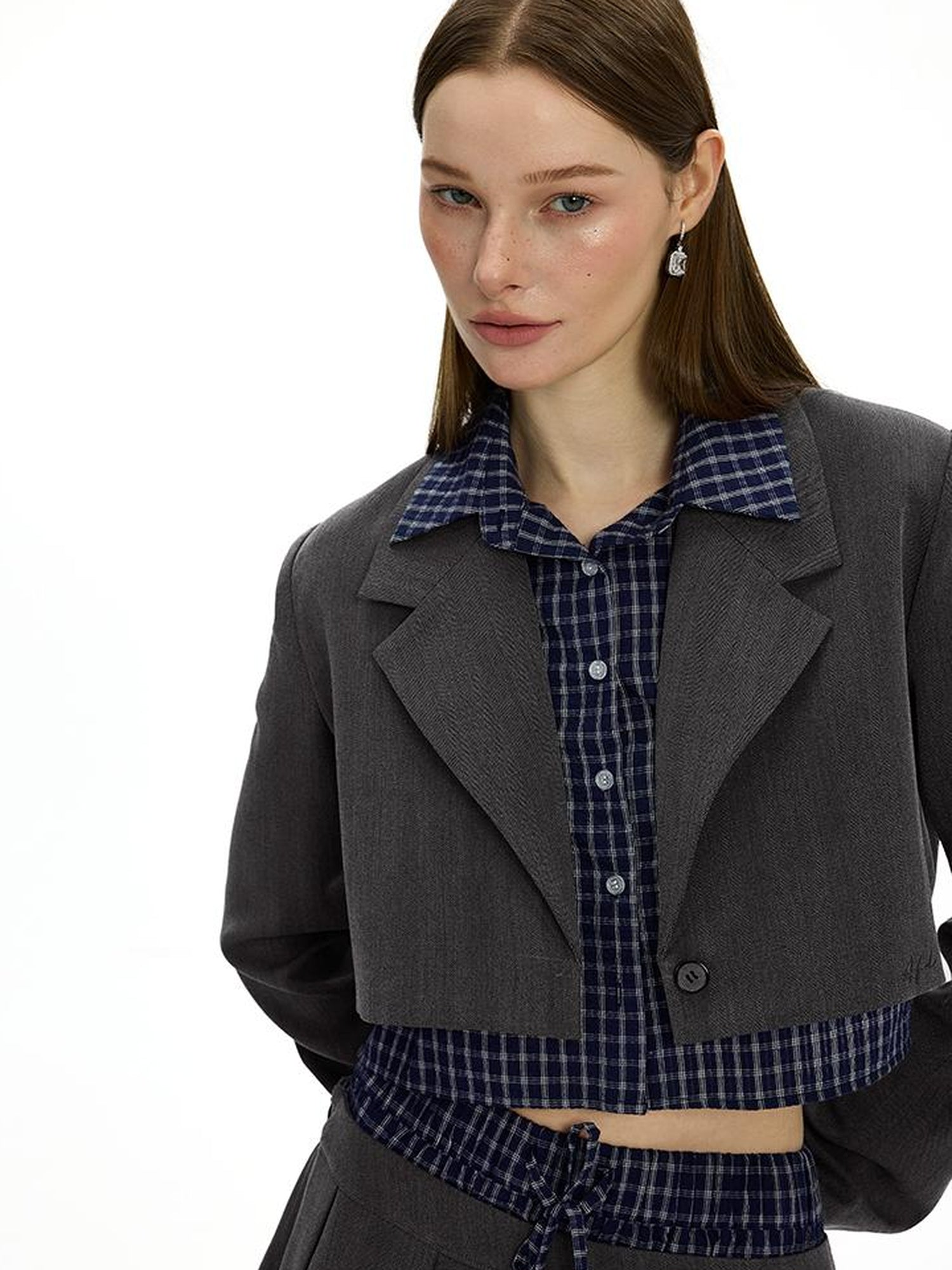 AFTADAWN Checkered Detachable Double Collar Blazer Pleated Skirt Set