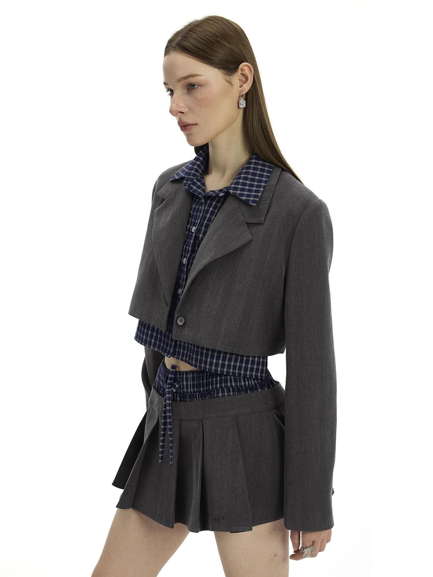AFTADAWN Checkered Detachable Double Collar Blazer Pleated Skirt Set