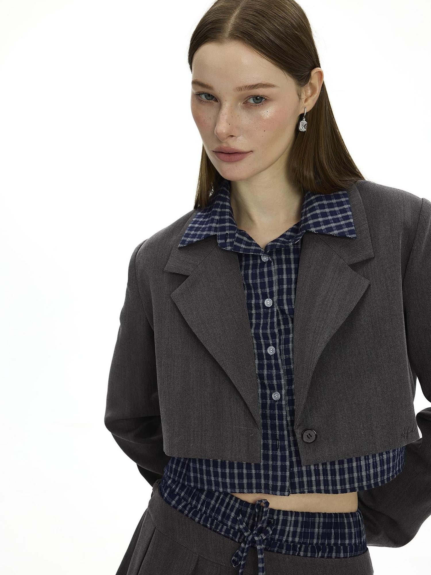 AFTADAWN Checkered Detachable Double Collar Blazer Pleated Skirt Set