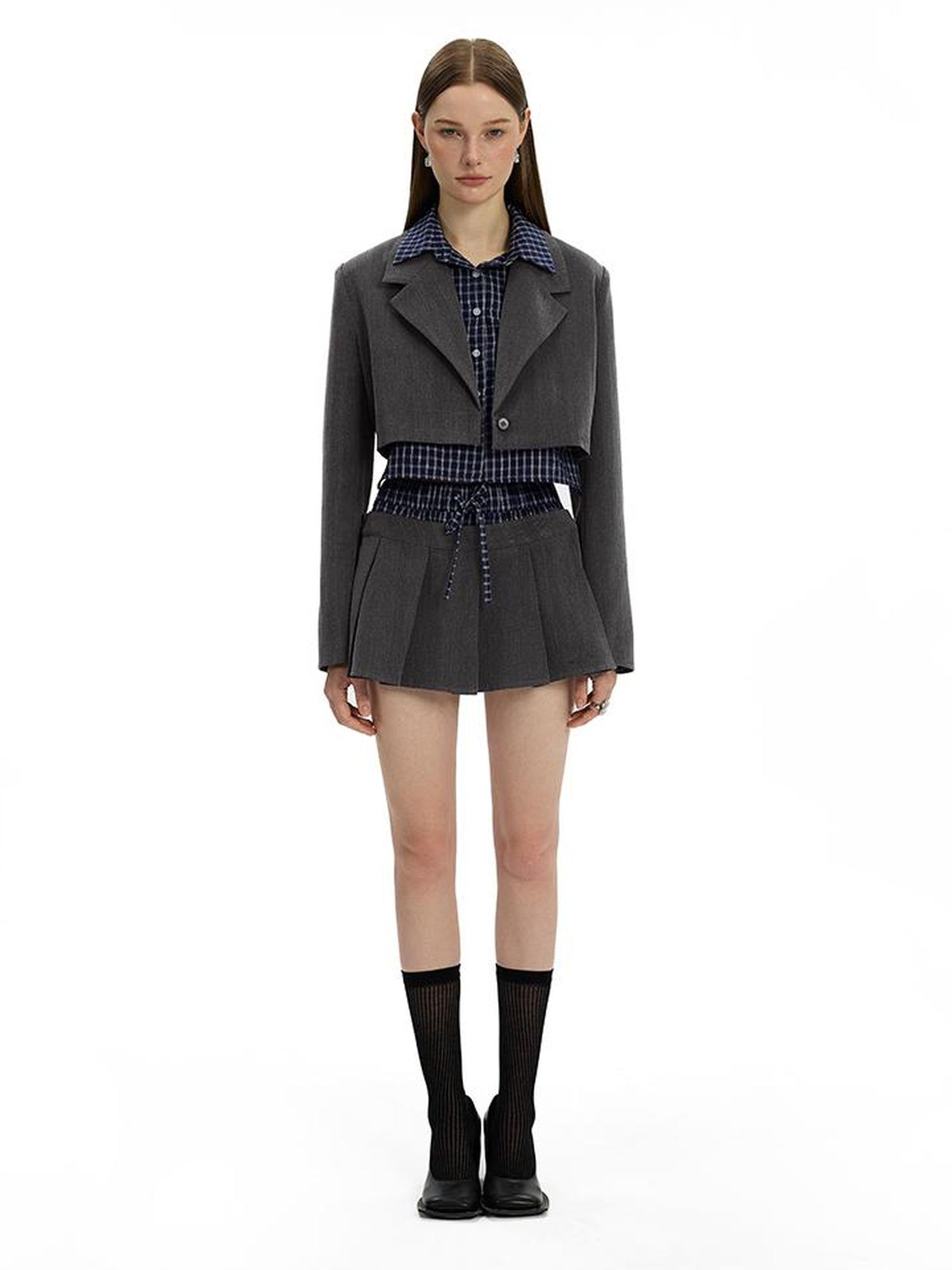 AFTADAWN Checkered Detachable Double Collar Blazer Pleated Skirt Set