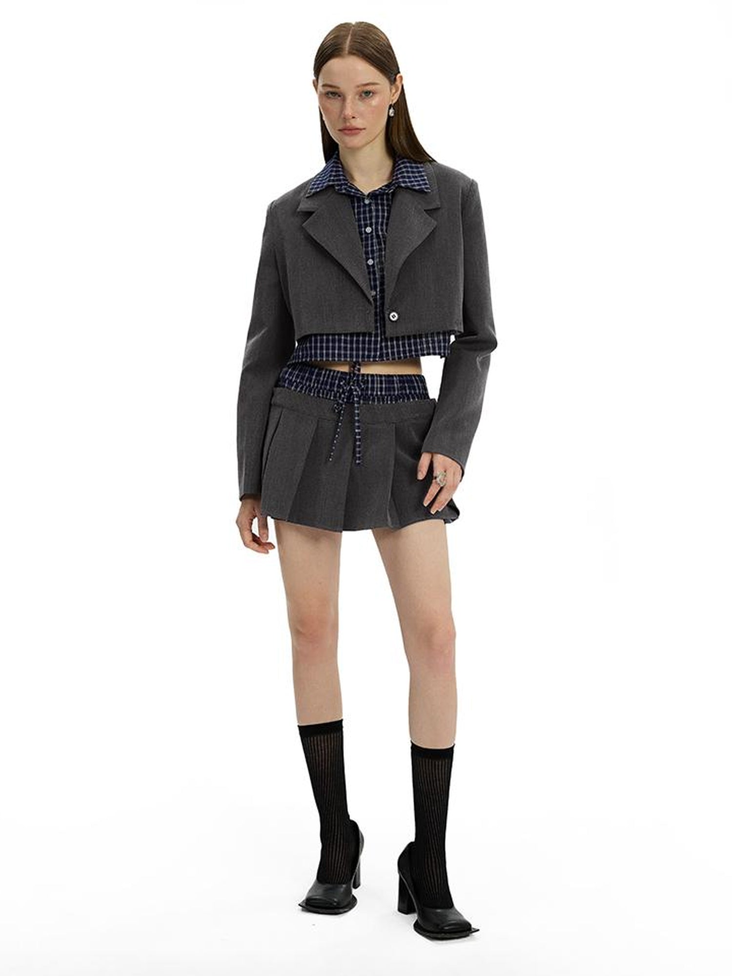 AFTADAWN Checkered Detachable Double Collar Blazer Pleated Skirt Set