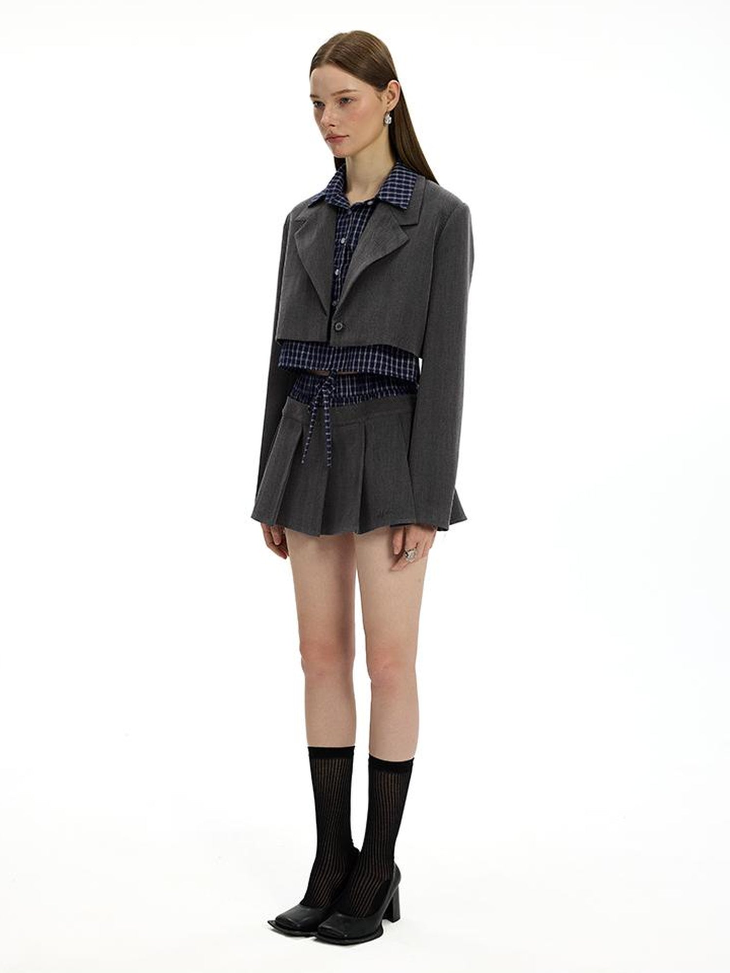 AFTADAWN Checkered Detachable Double Collar Blazer Pleated Skirt Set