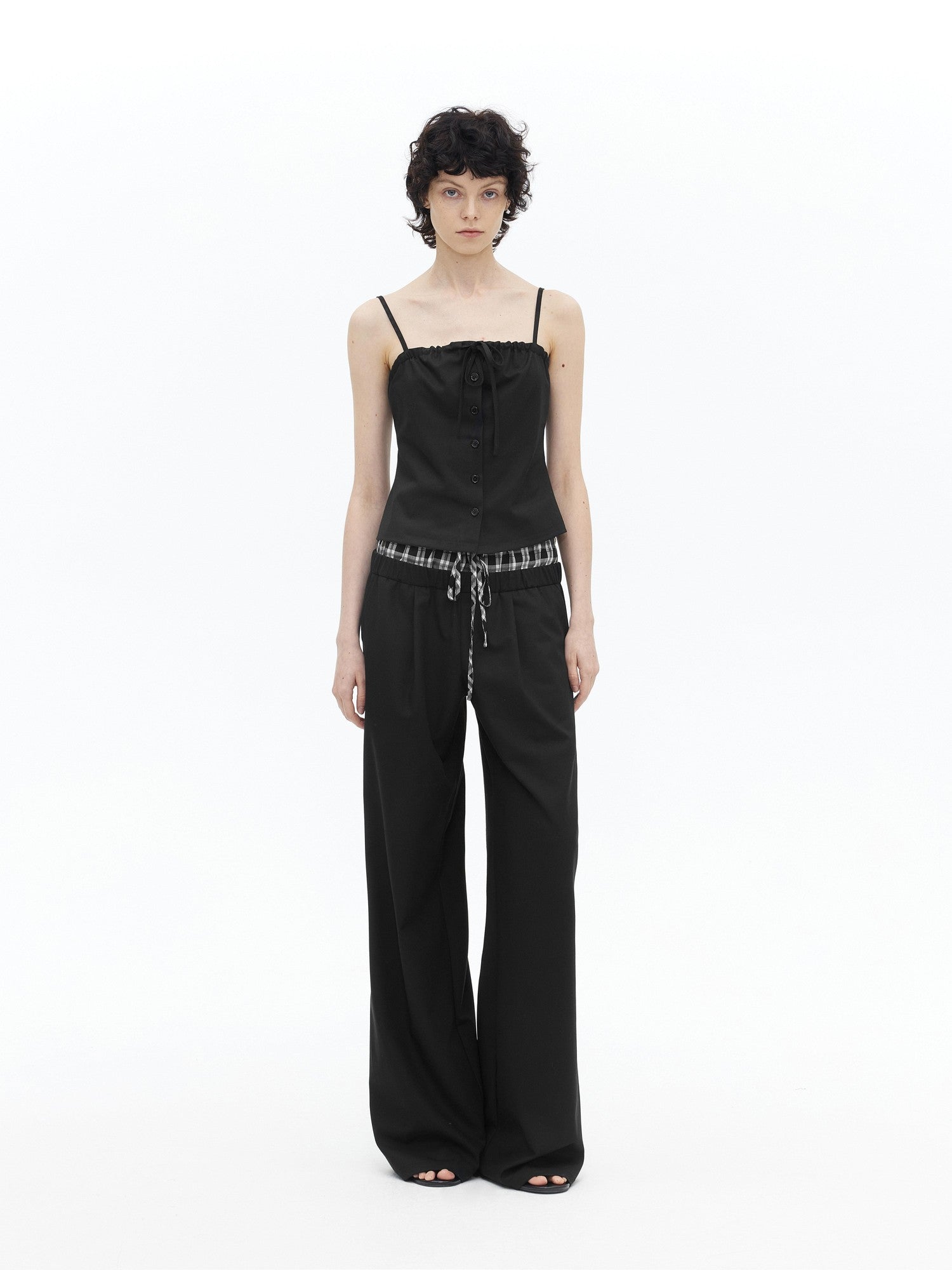 AFTADAWN Checkered Ruched Tie Buttoned Cinched Waist Women&