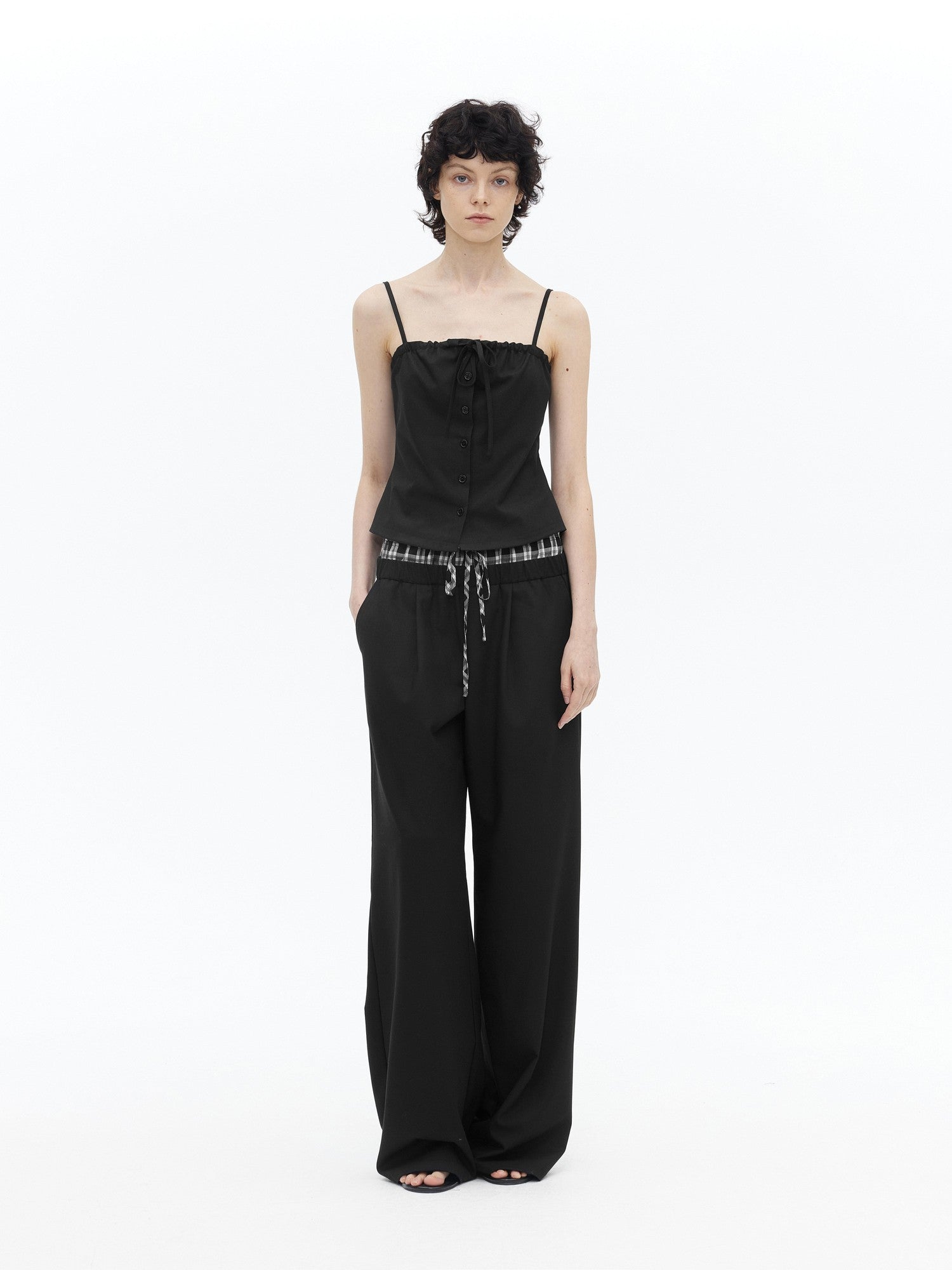 AFTADAWN Checkered Ruched Tie Buttoned Cinched Waist Women&