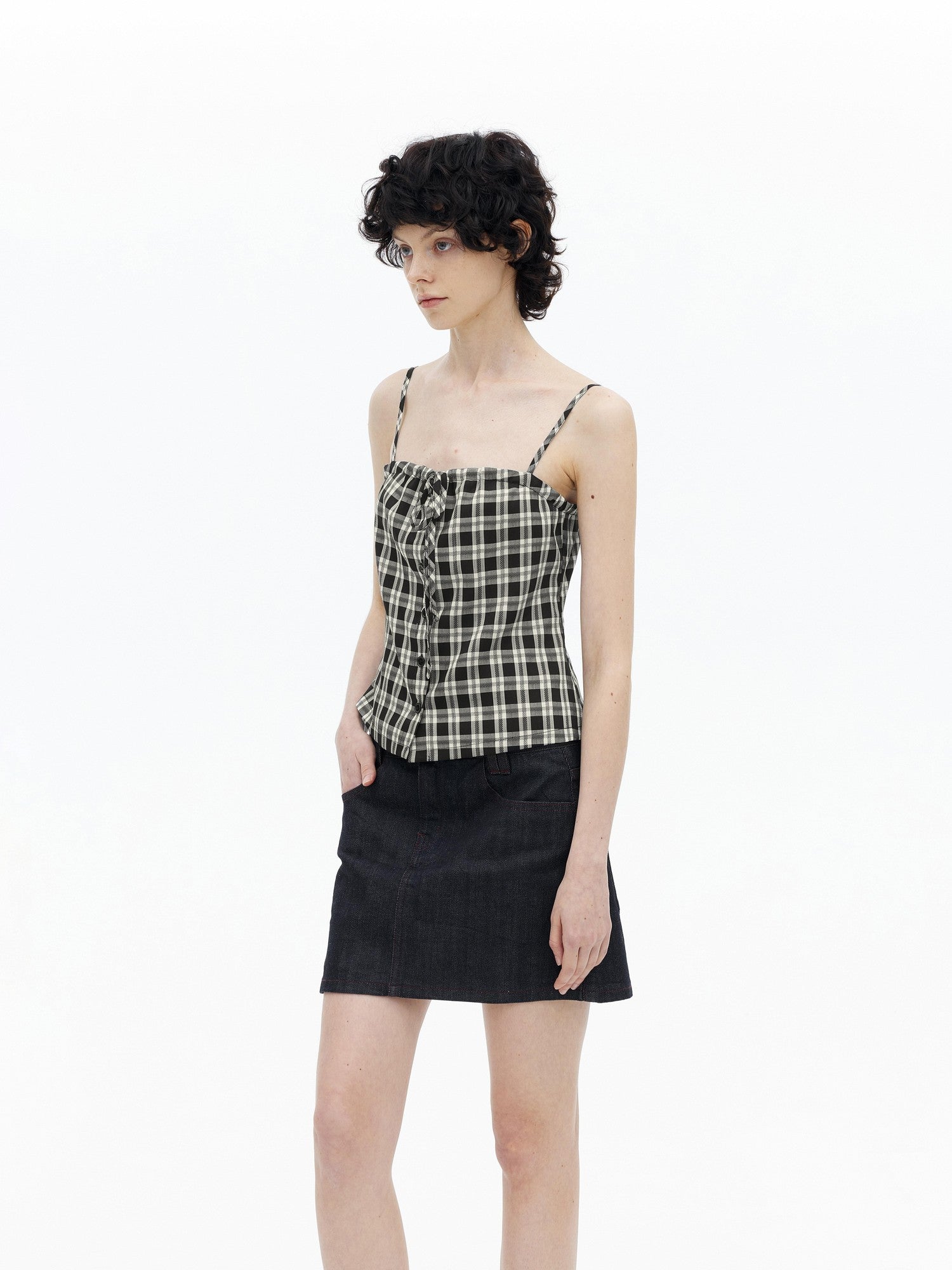 AFTADAWN Checkered Ruched Tie Buttoned Cinched Waist Women&