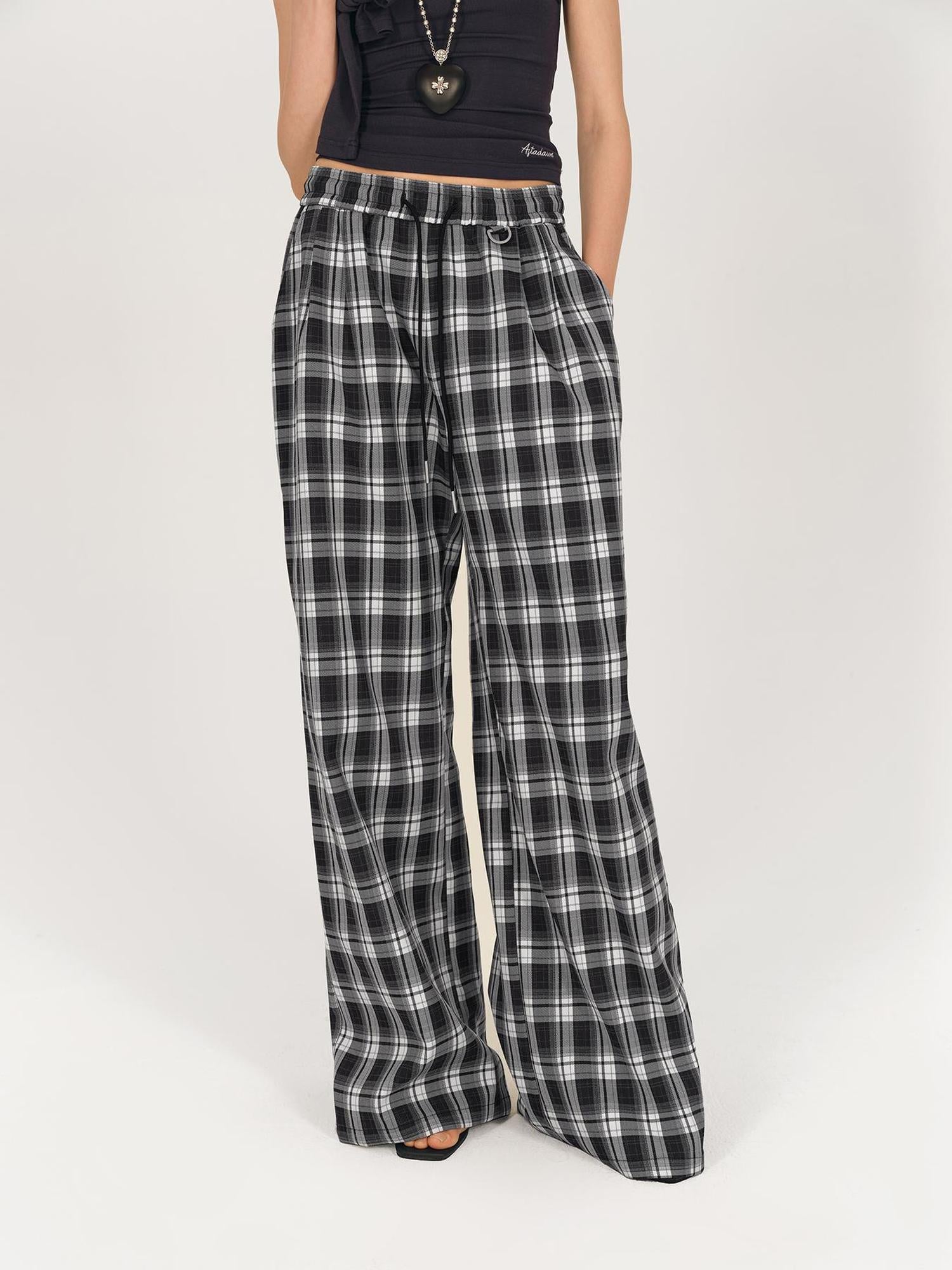 AFTADAWN Checkered Wide Leg Trousers With Adjustable Waist