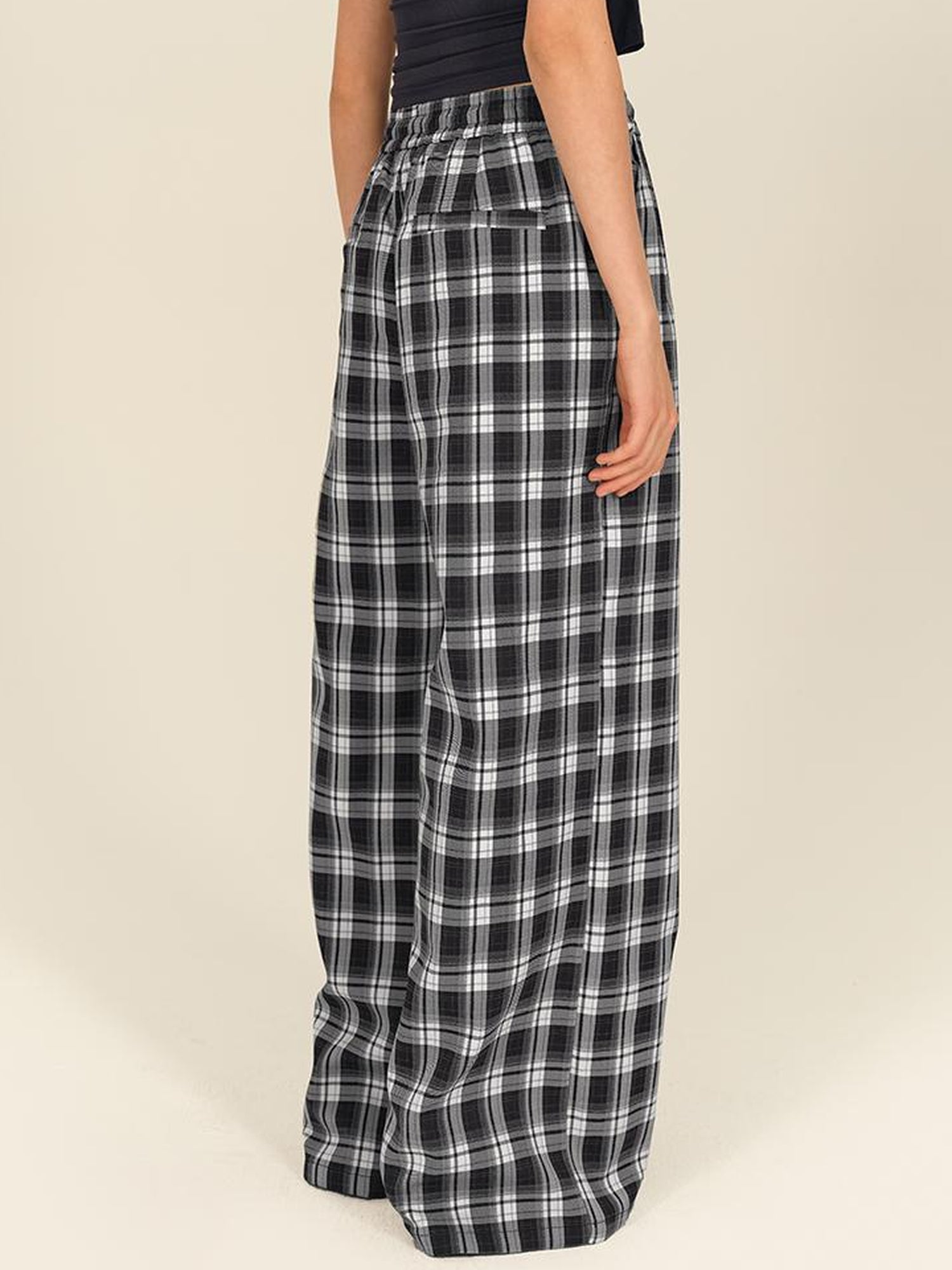 AFTADAWN Checkered Wide Leg Trousers With Adjustable Waist