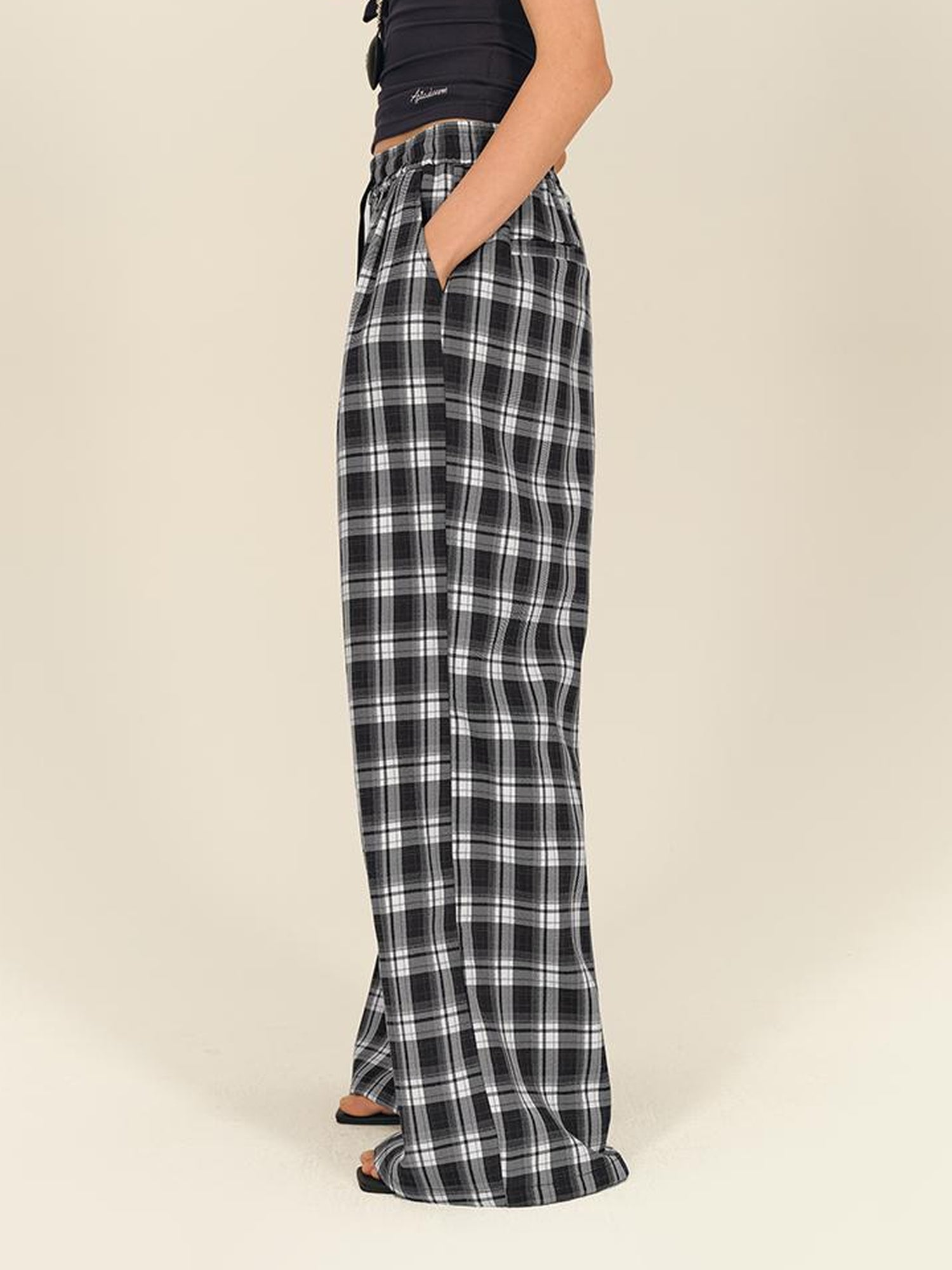 AFTADAWN Checkered Wide Leg Trousers With Adjustable Waist