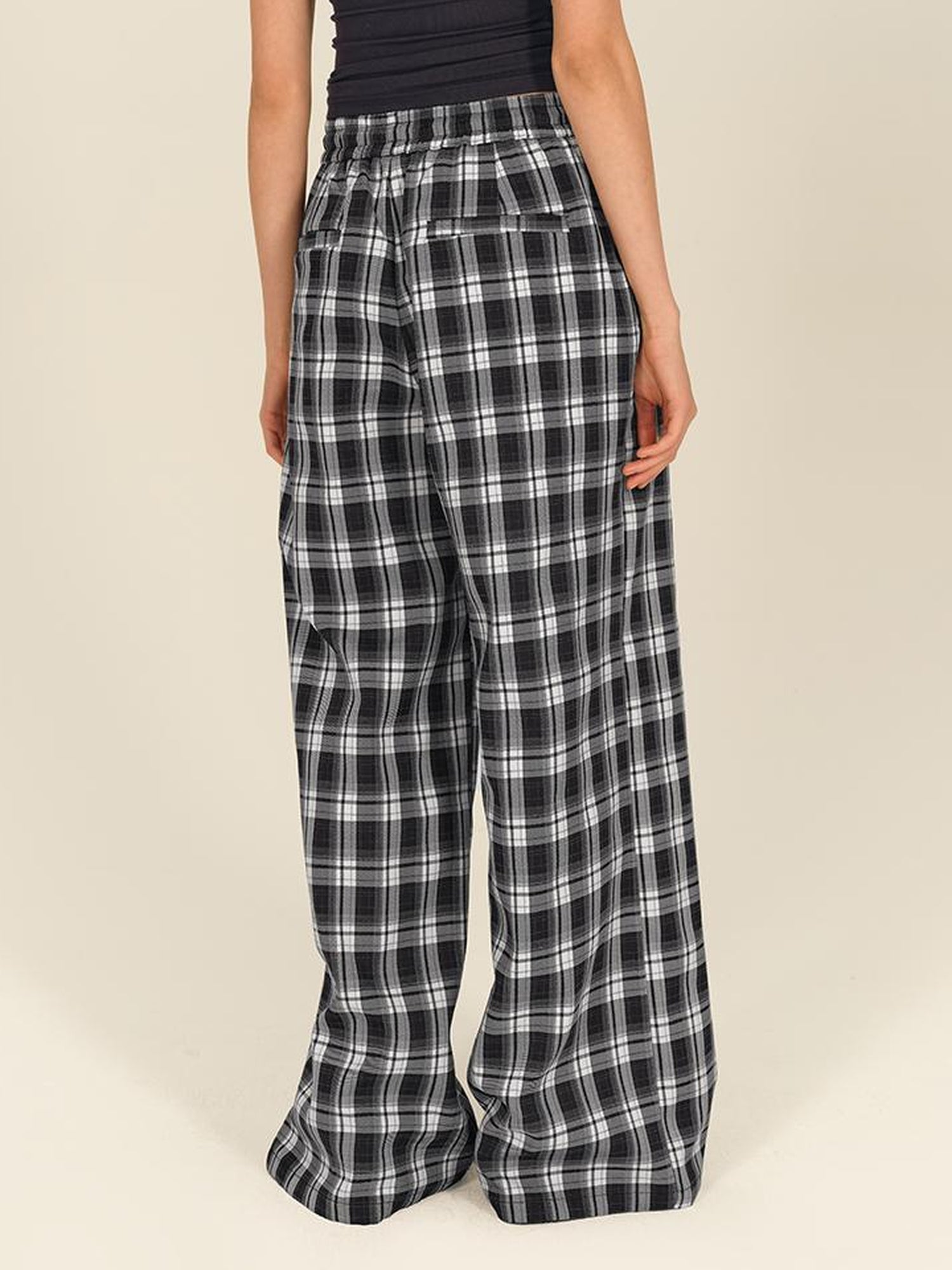 AFTADAWN Checkered Wide Leg Trousers With Adjustable Waist