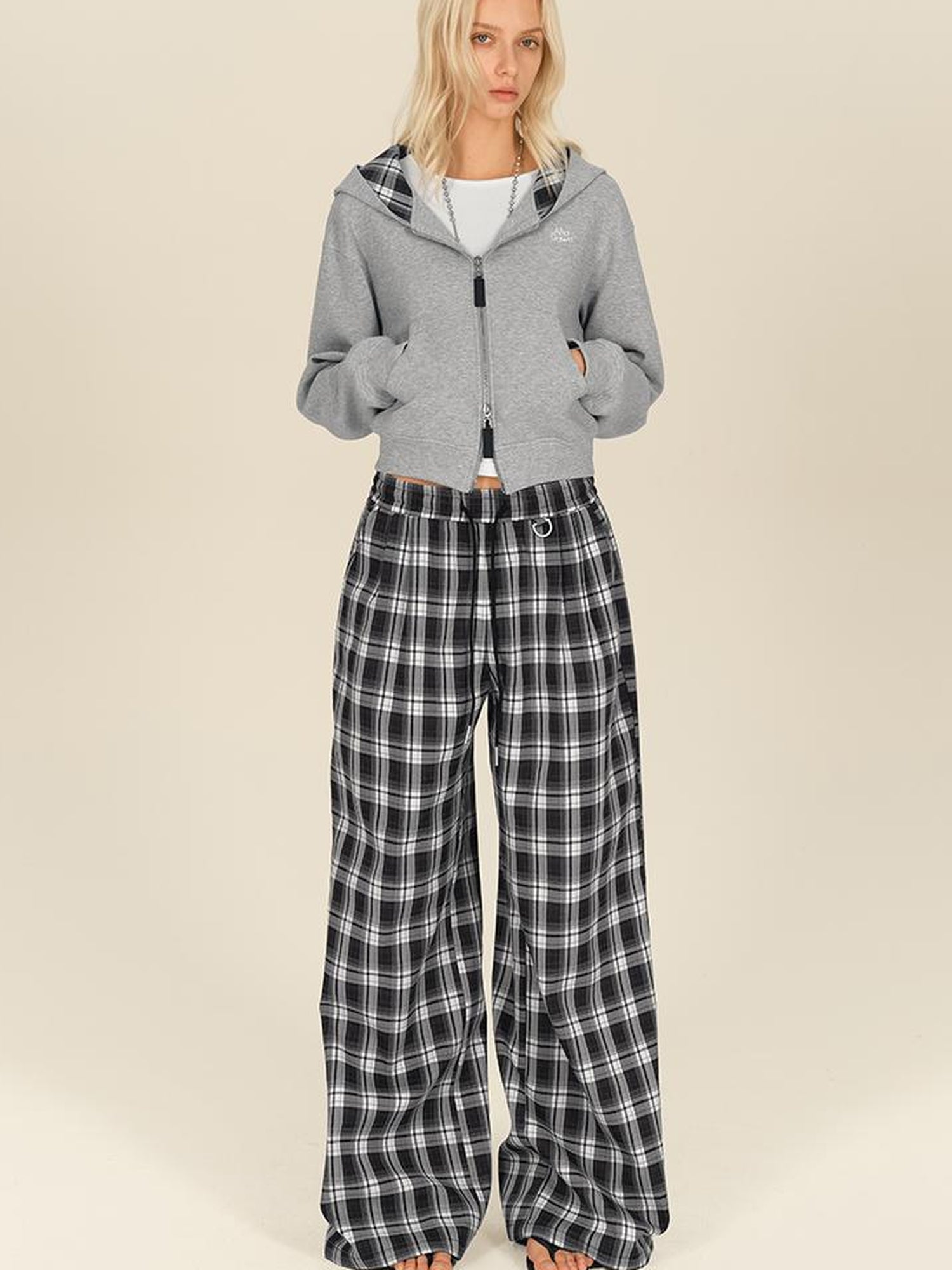AFTADAWN Checkered Wide Leg Trousers With Adjustable Waist