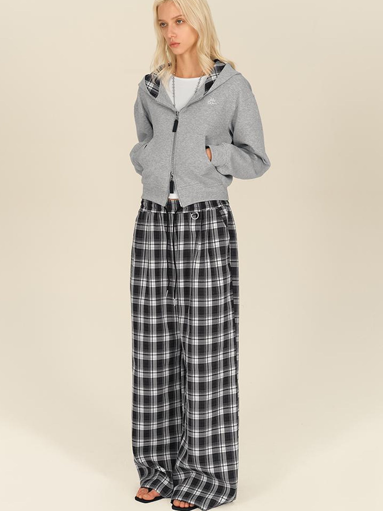 AFTADAWN Checkered Wide Leg Trousers With Adjustable Waist