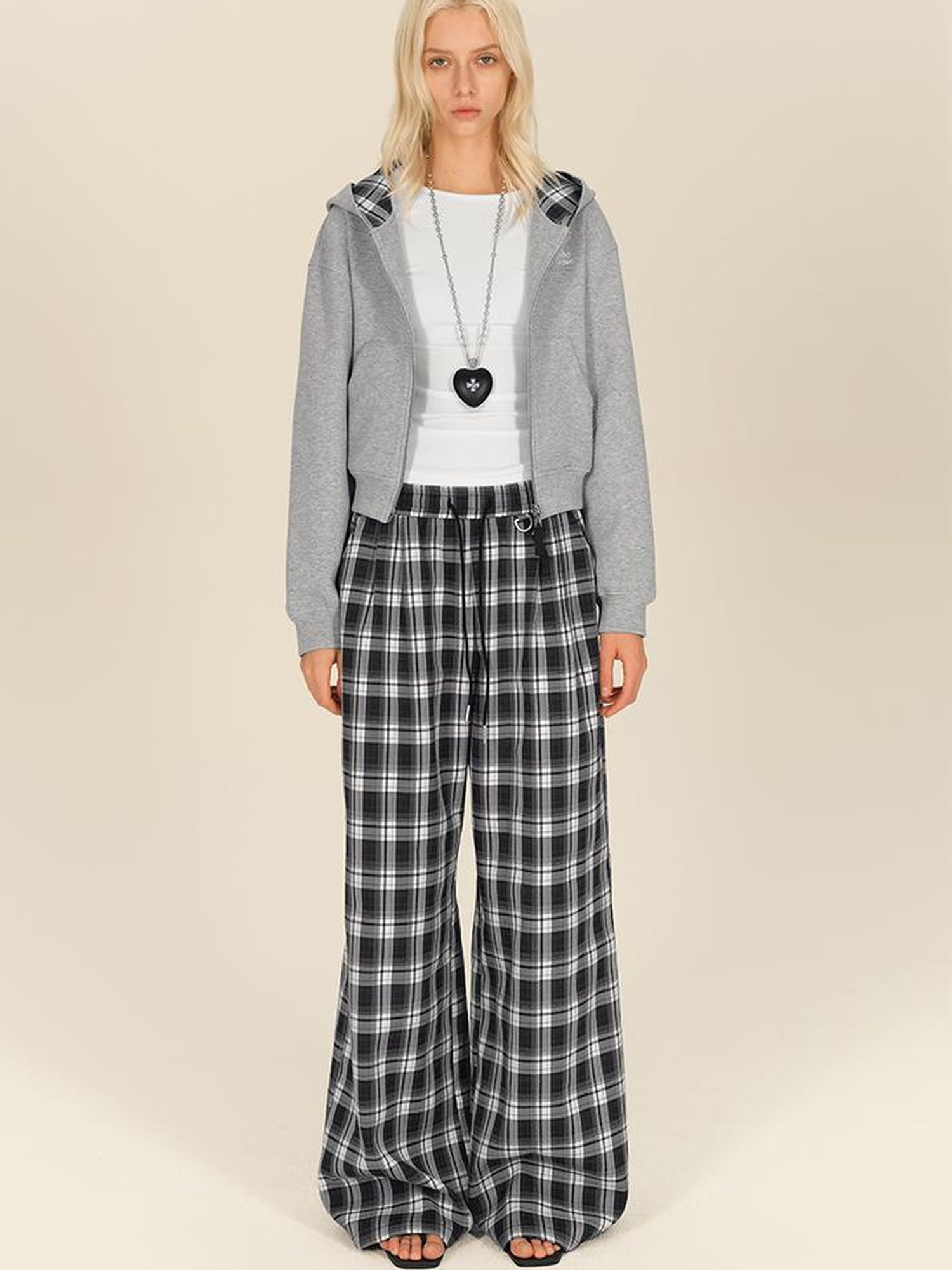 AFTADAWN Checkered Wide Leg Trousers With Adjustable Waist