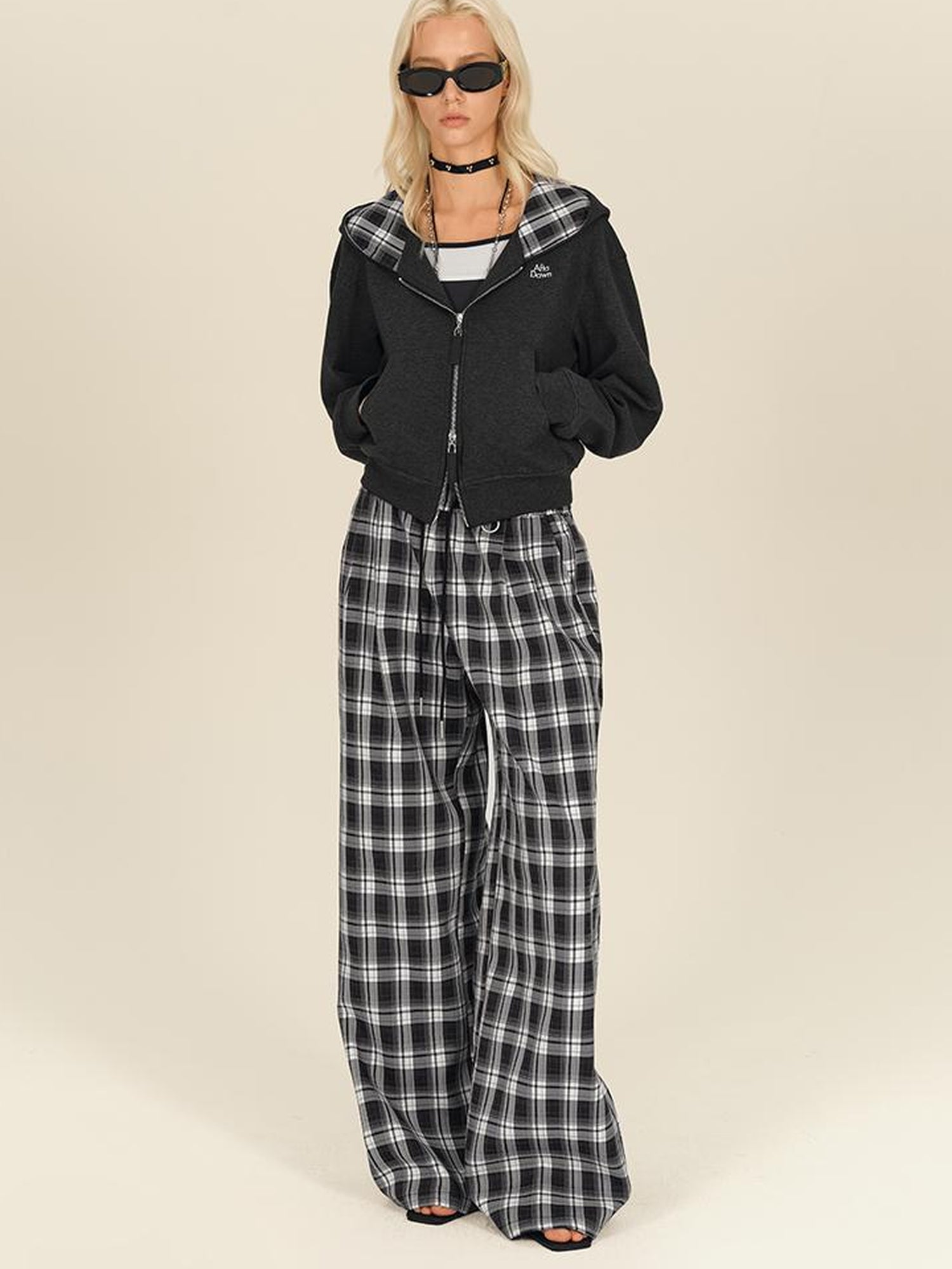 AFTADAWN Checkered Wide Leg Trousers With Adjustable Waist
