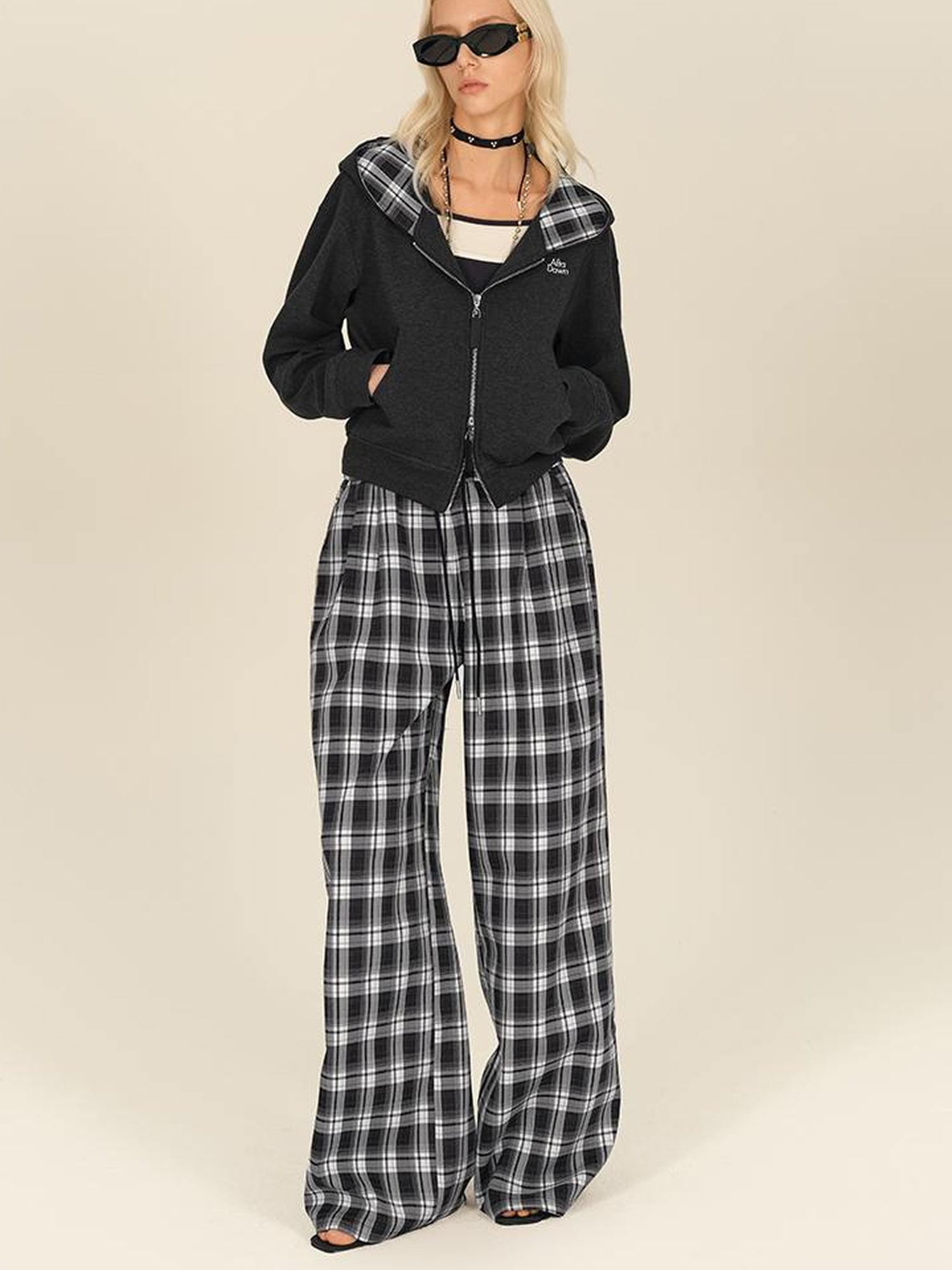 AFTADAWN Checkered Wide Leg Trousers With Adjustable Waist