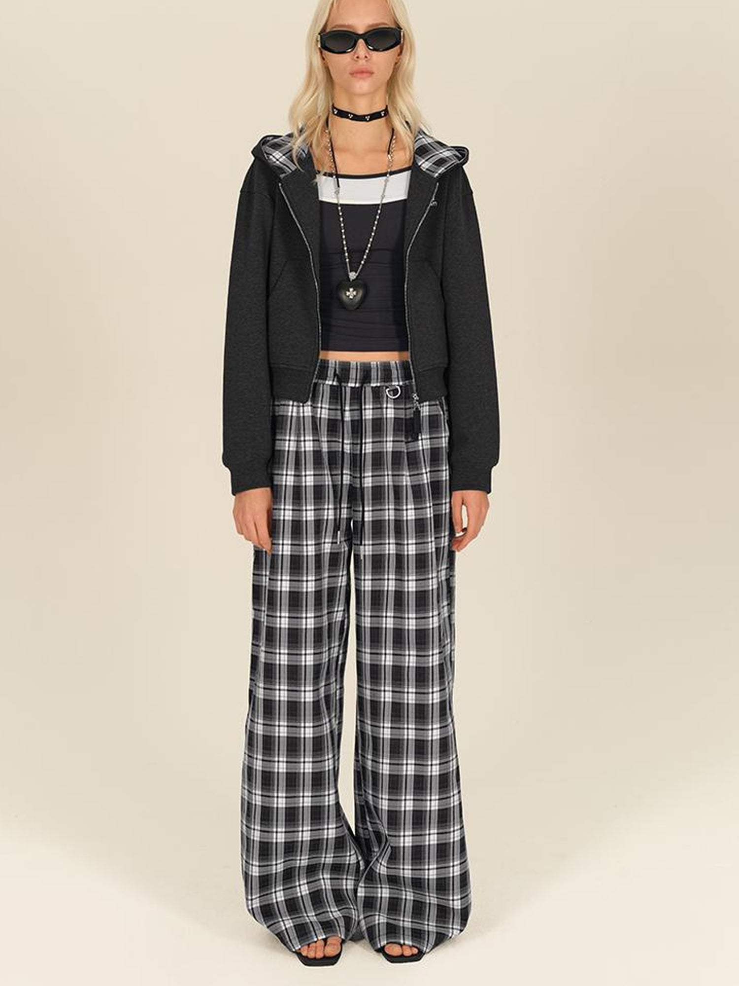 AFTADAWN Checkered Wide Leg Trousers With Adjustable Waist