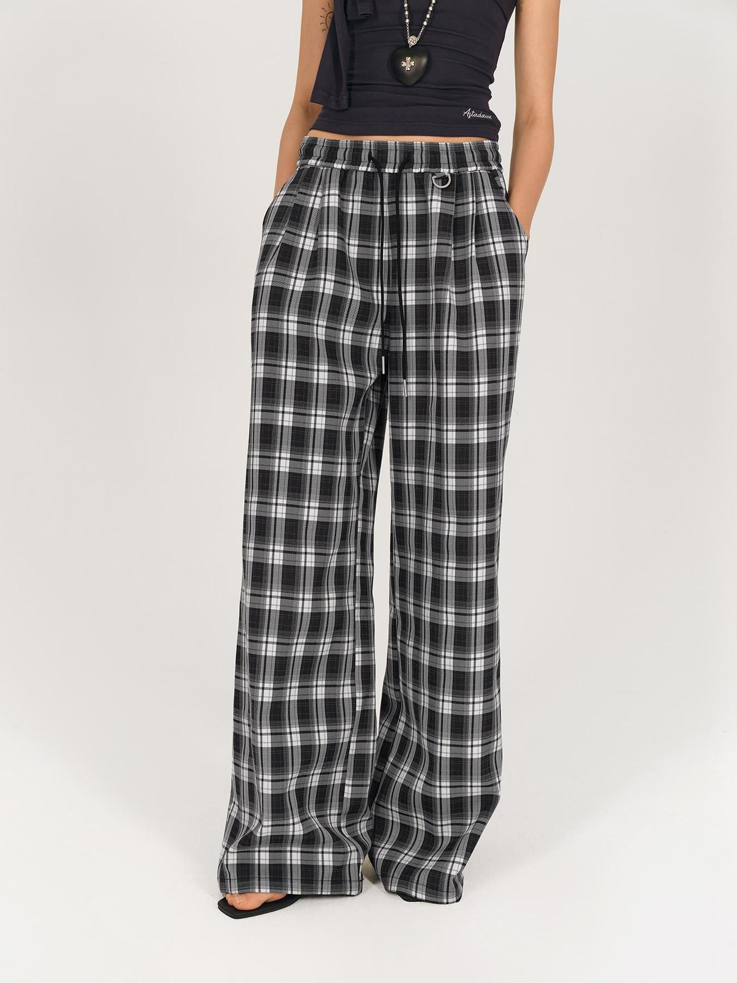 AFTADAWN Checkered Wide Leg Trousers With Adjustable Waist