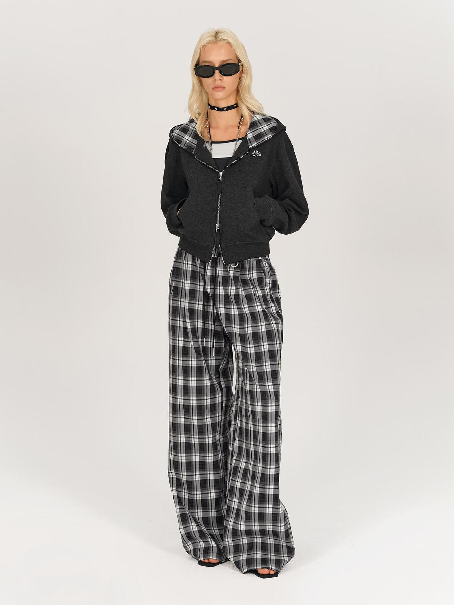 AFTADAWN Checkered Wide Leg Trousers With Adjustable Waist