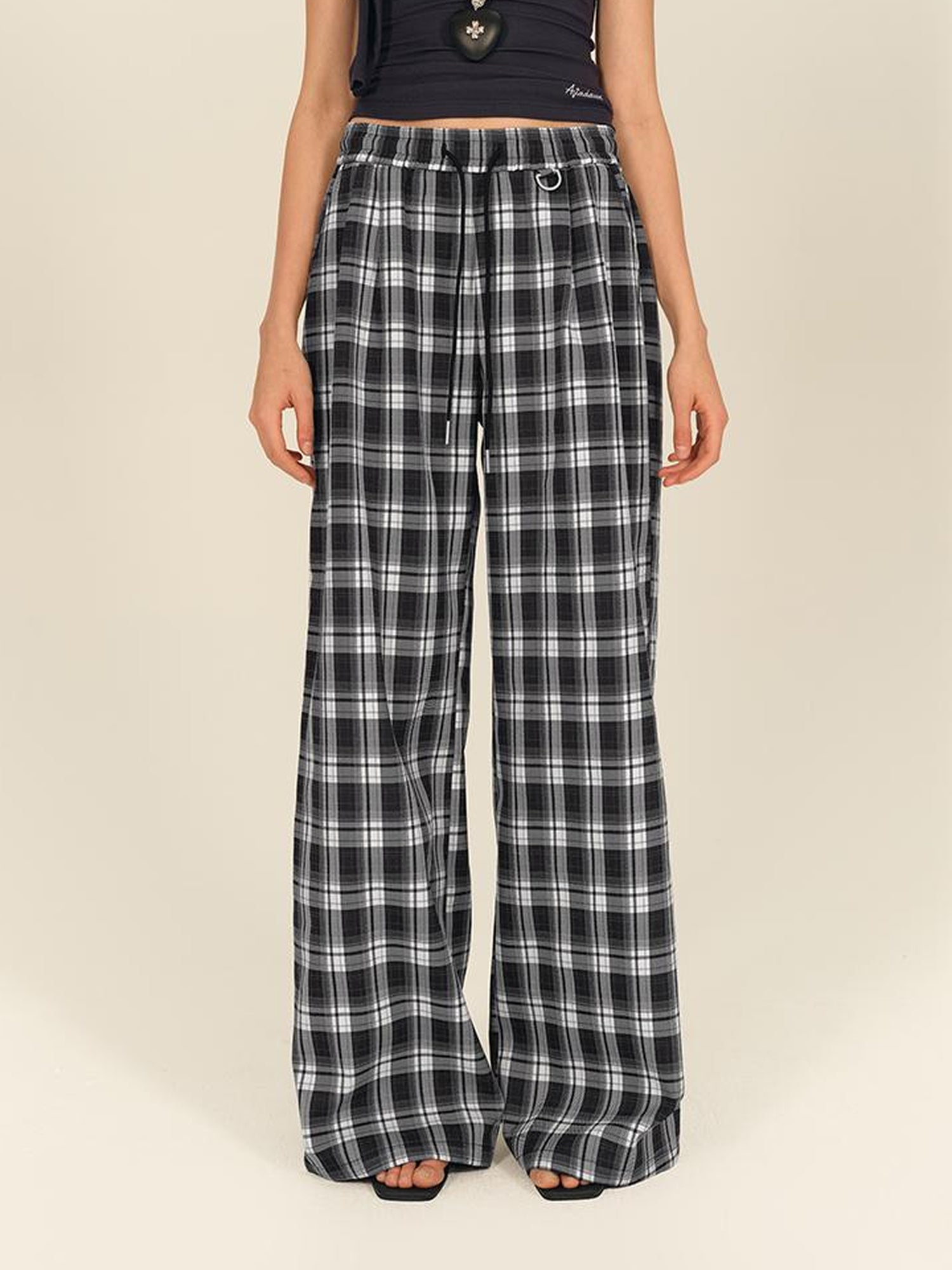 AFTADAWN Checkered Wide Leg Trousers With Adjustable Waist