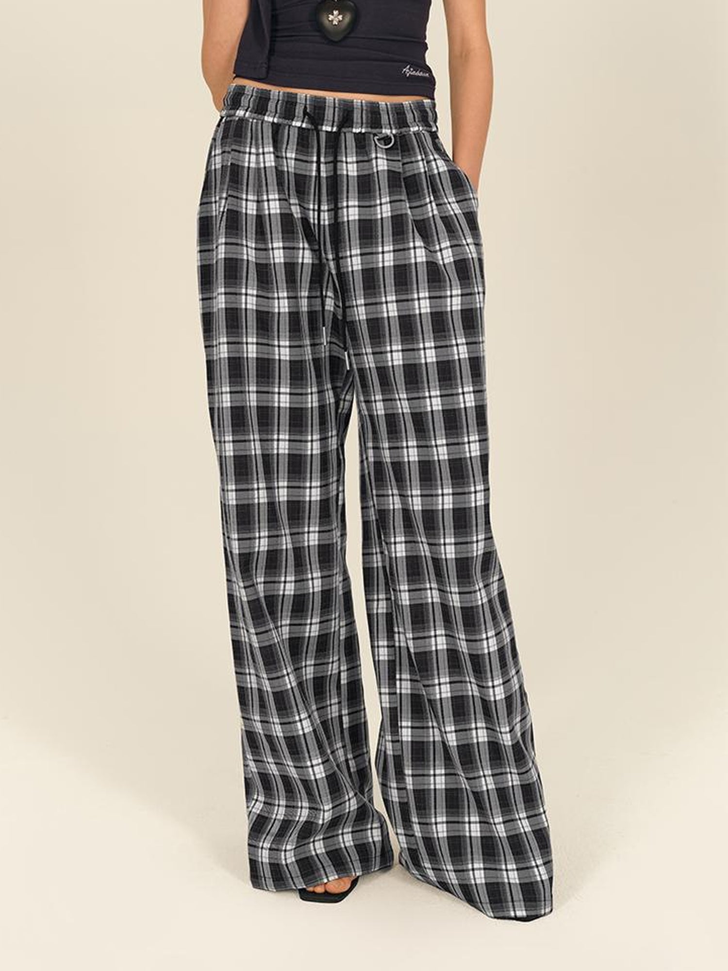 AFTADAWN Checkered Wide Leg Trousers With Adjustable Waist