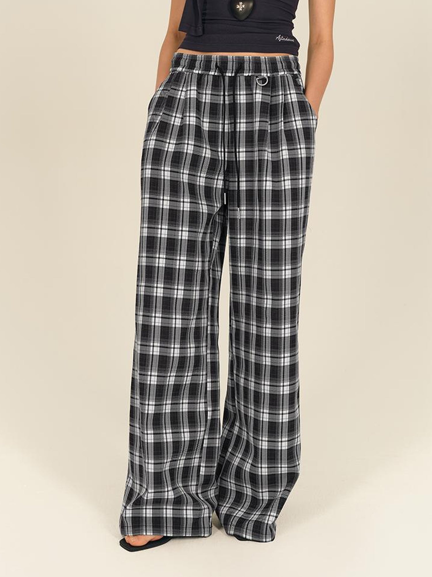 AFTADAWN Checkered Wide Leg Trousers With Adjustable Waist
