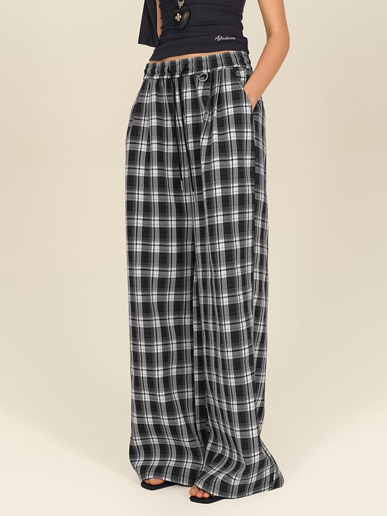 AFTADAWN Checkered Wide Leg Trousers With Adjustable Waist