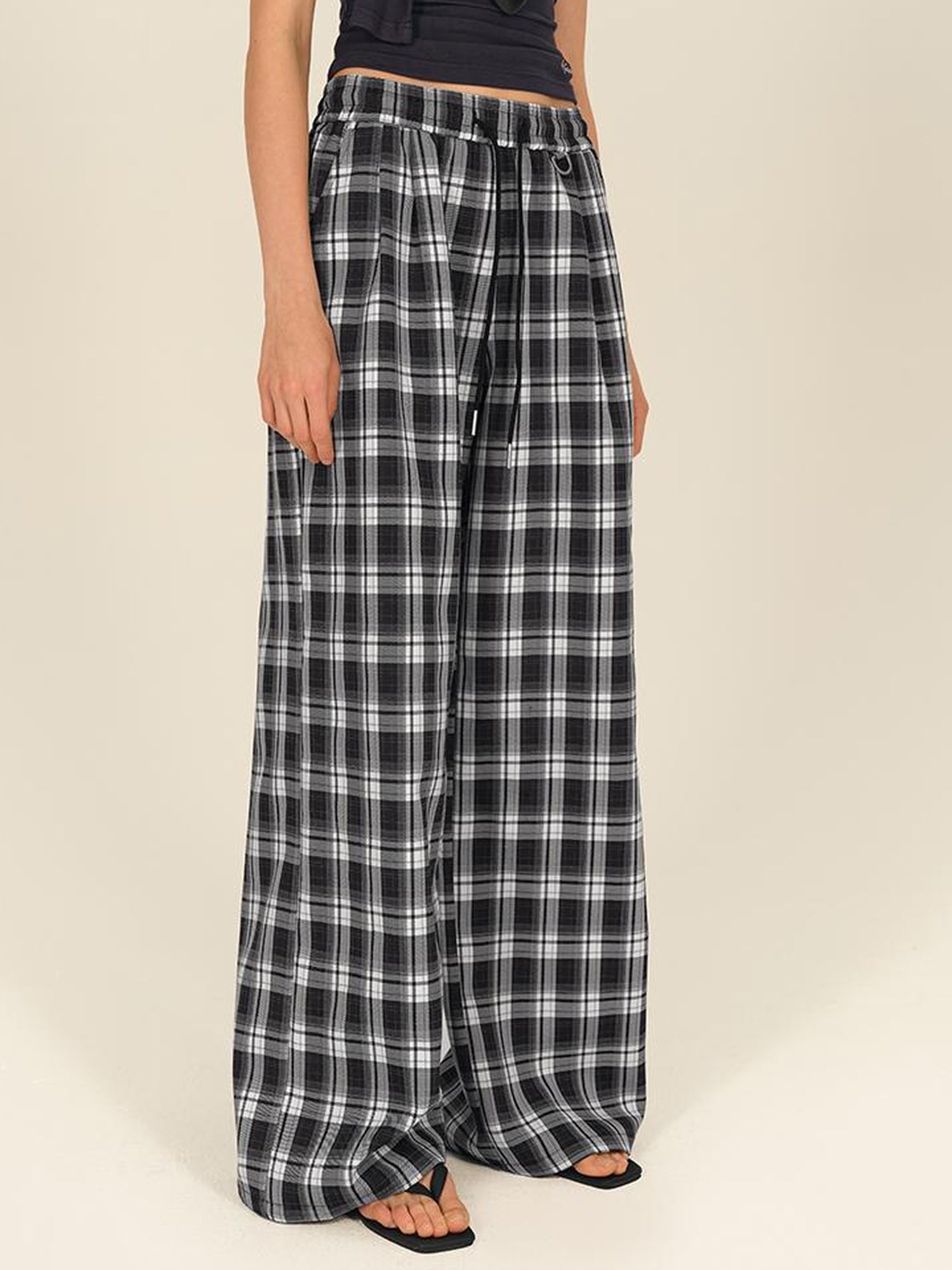 AFTADAWN Checkered Wide Leg Trousers With Adjustable Waist