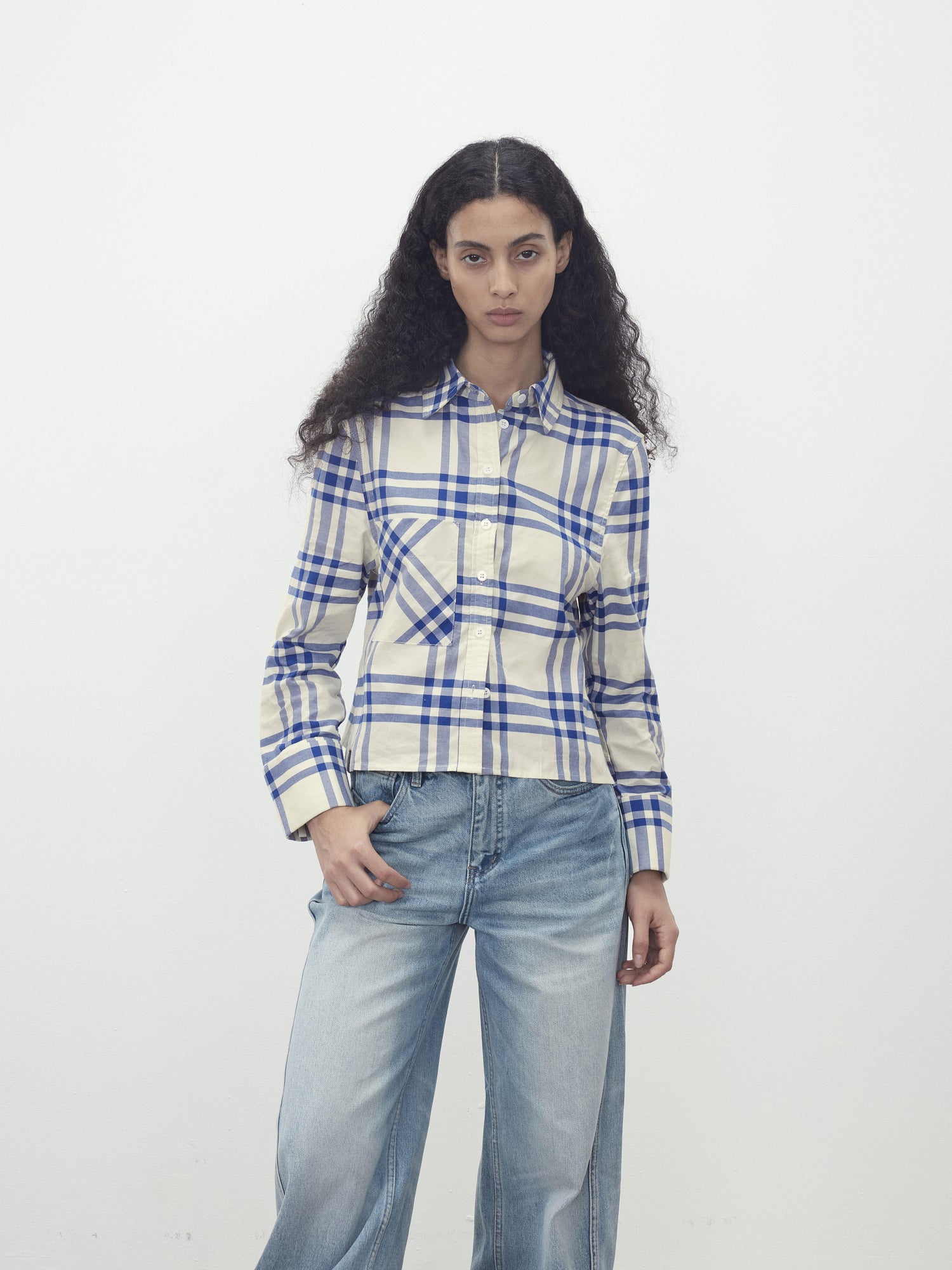 AFTADAWN Classic Blue And White Check Oversized Collar Shirt
