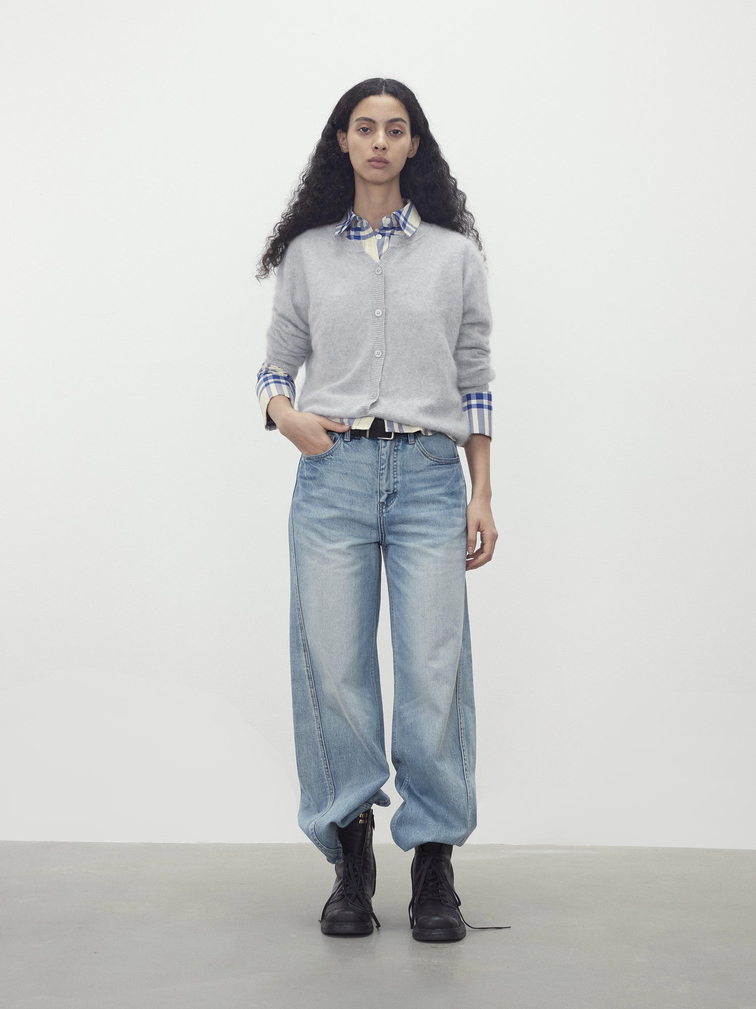 AFTADAWN Classic Blue And White Check Oversized Collar Shirt